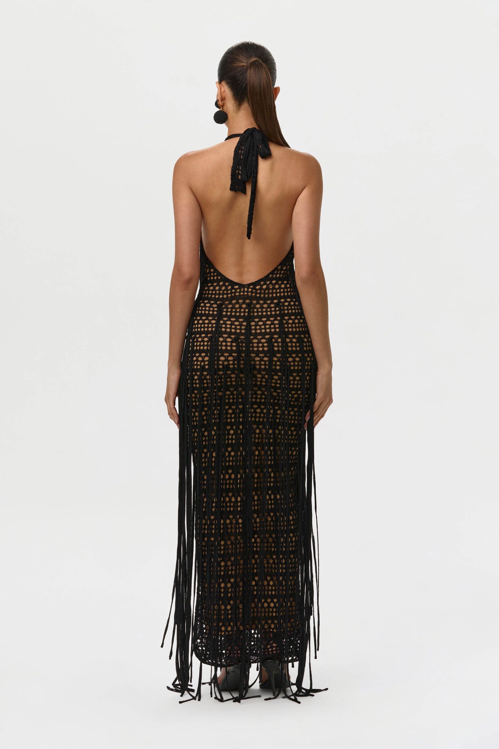 Black Crochet Plunge Fringe Maxi Dress