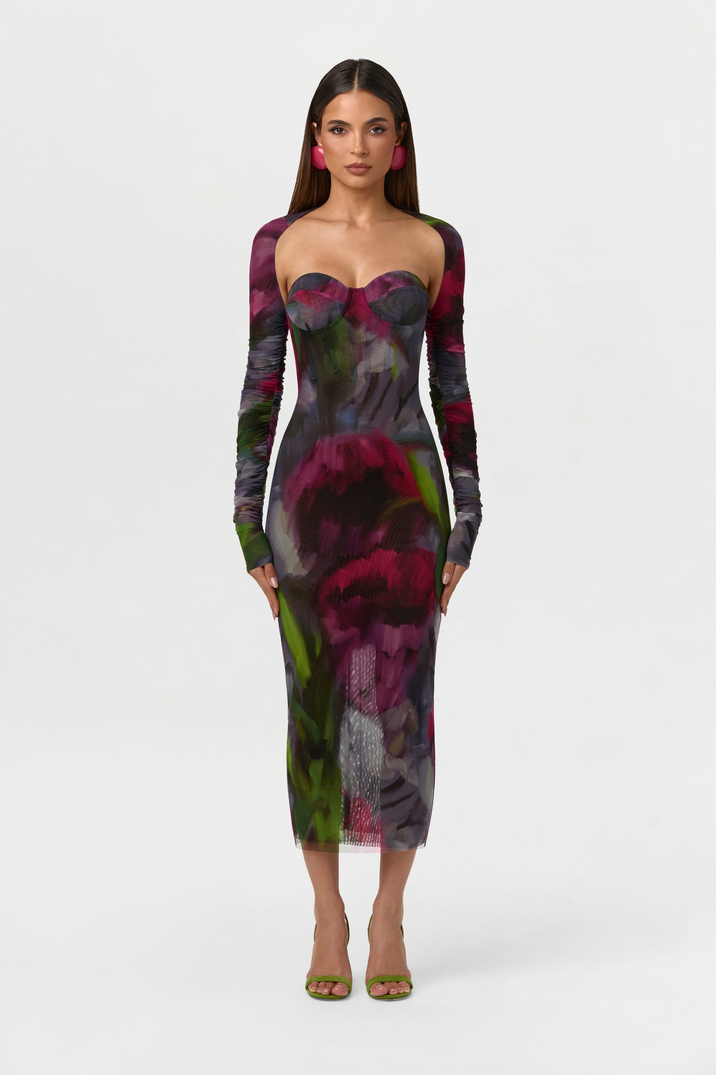 Baroque Bloom Mesh Print Midi Dress