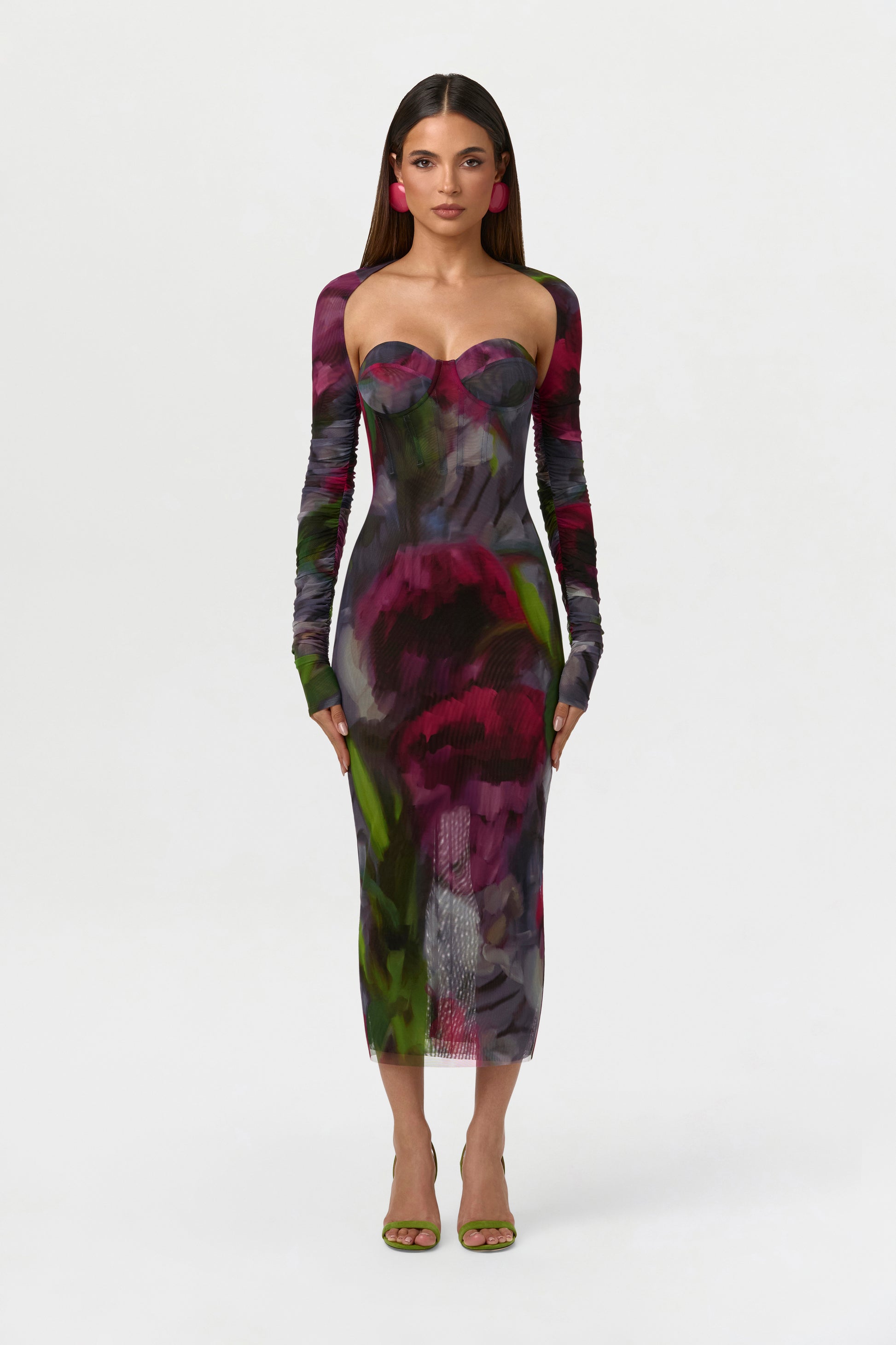 Baroque Bloom Mesh Print Midi Dress