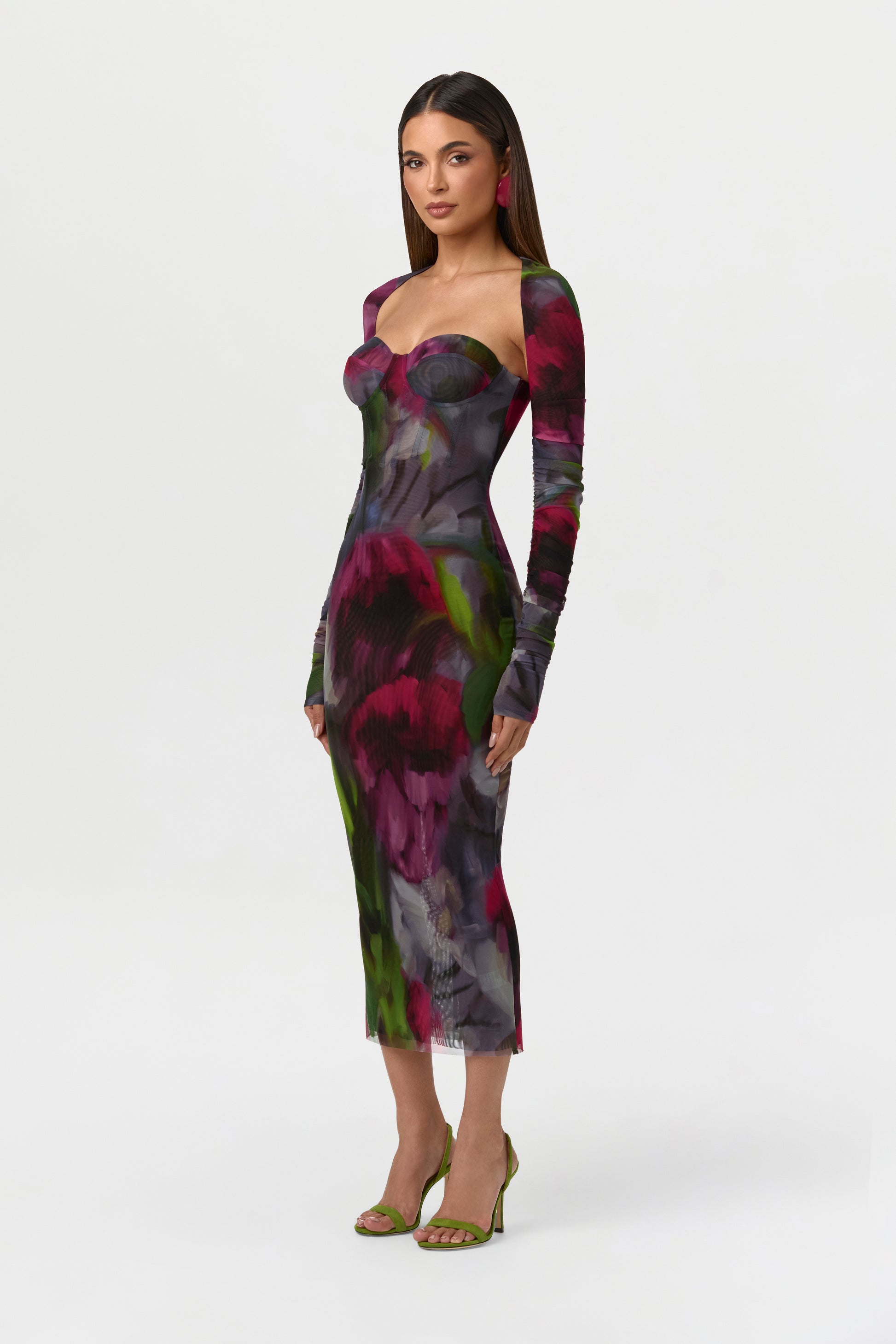 Baroque Bloom Mesh Print Midi Dress
