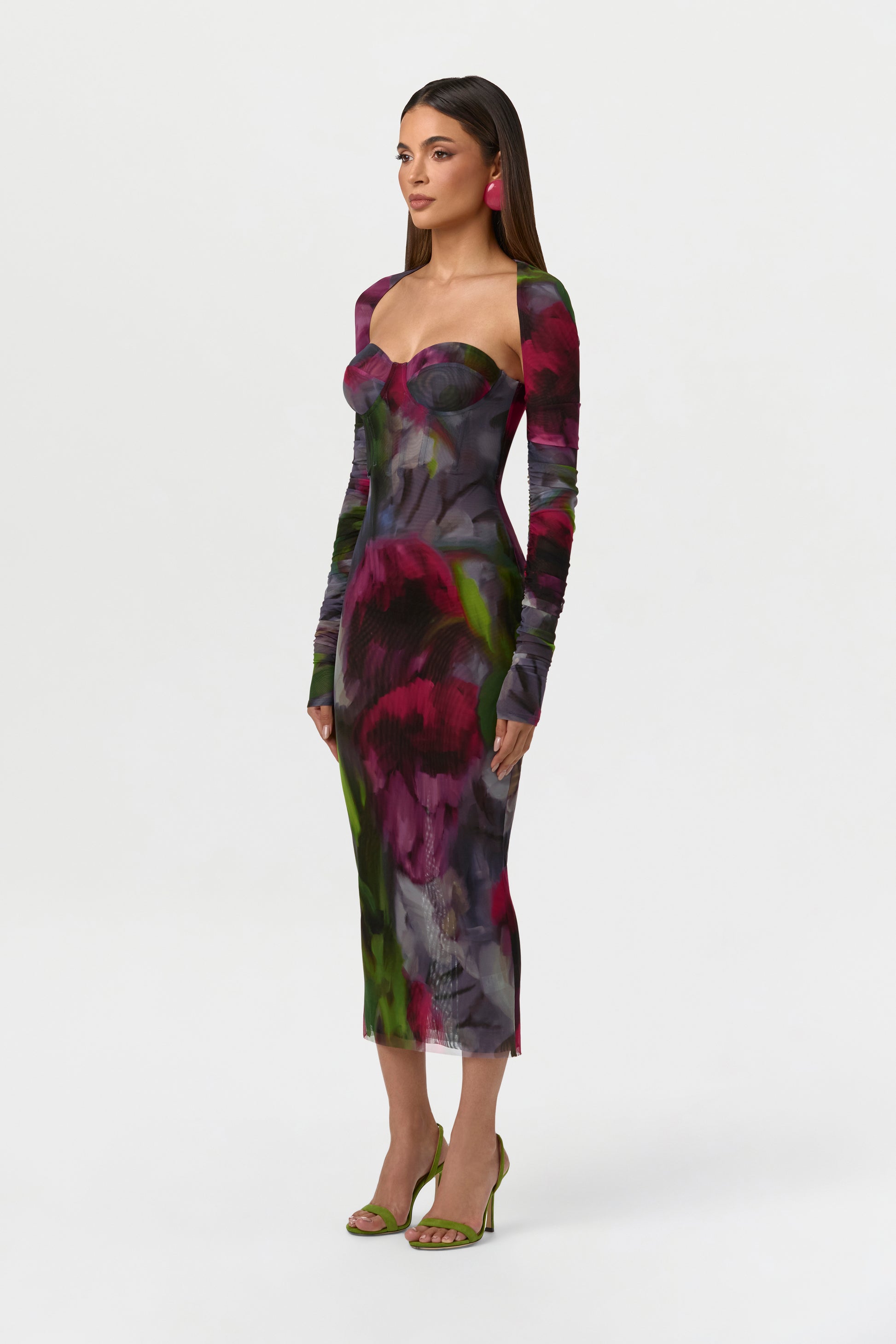 Baroque Bloom Mesh Print Midi Dress