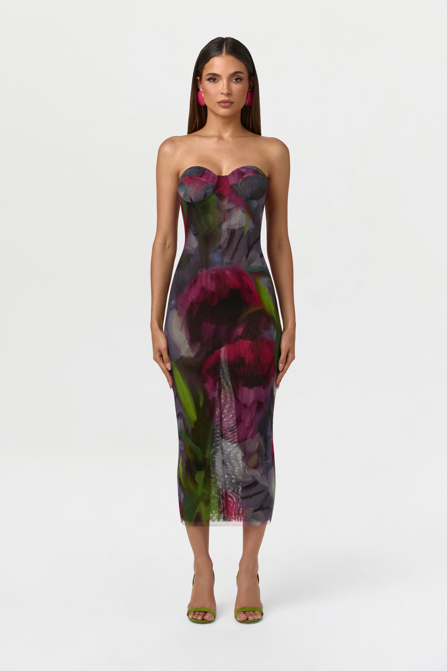 Baroque Bloom Mesh Print Midi Dress