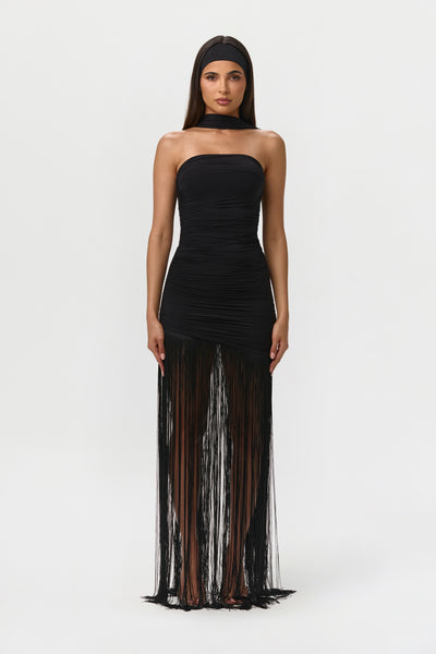 Naked Wardrobe Women's Fringe Hem Ruched Strapless Dress - Black