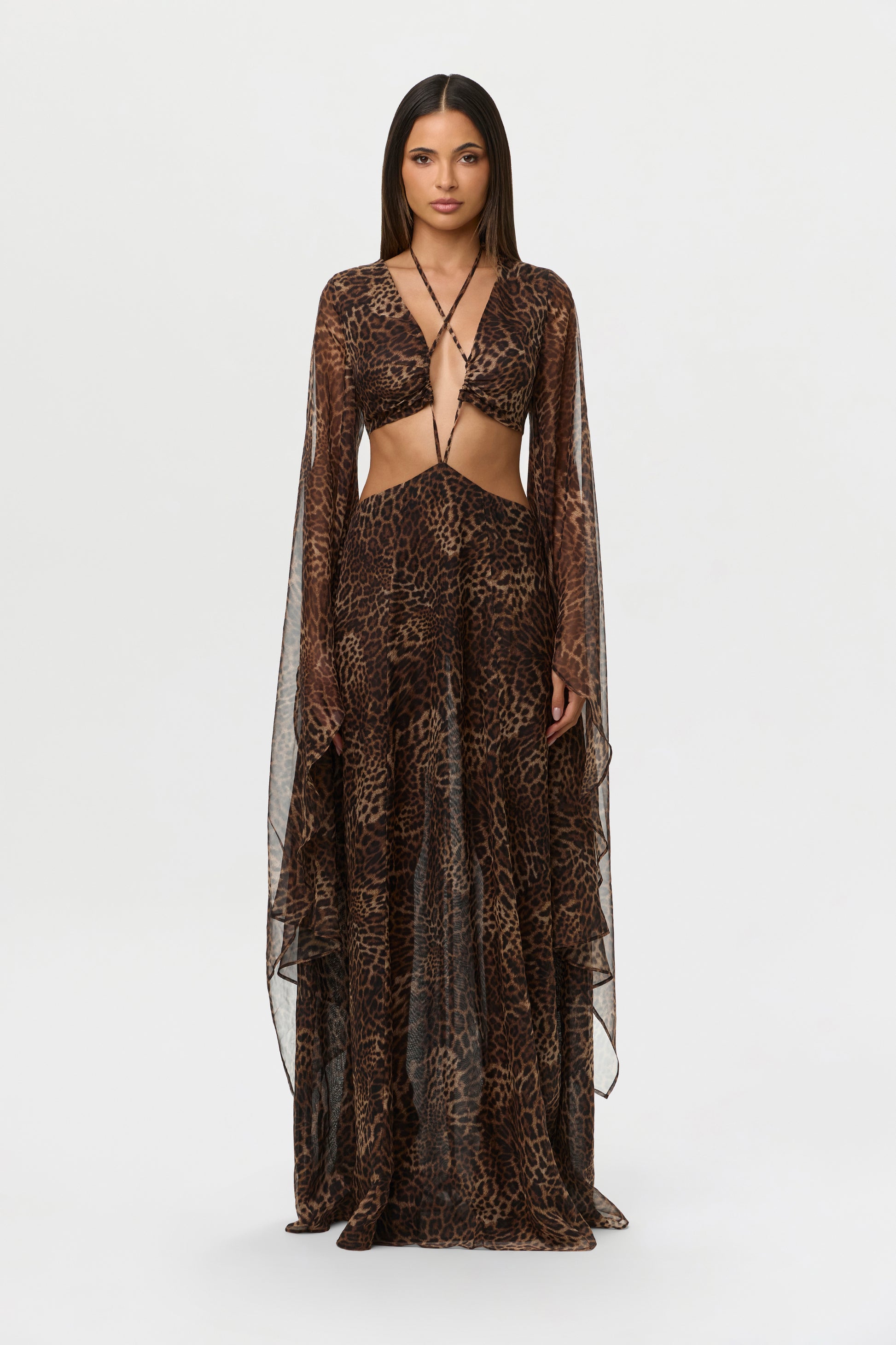 Women's Chiffon Print Cutout Maxi, Spotted Leopard / M by Naked Wardrobe