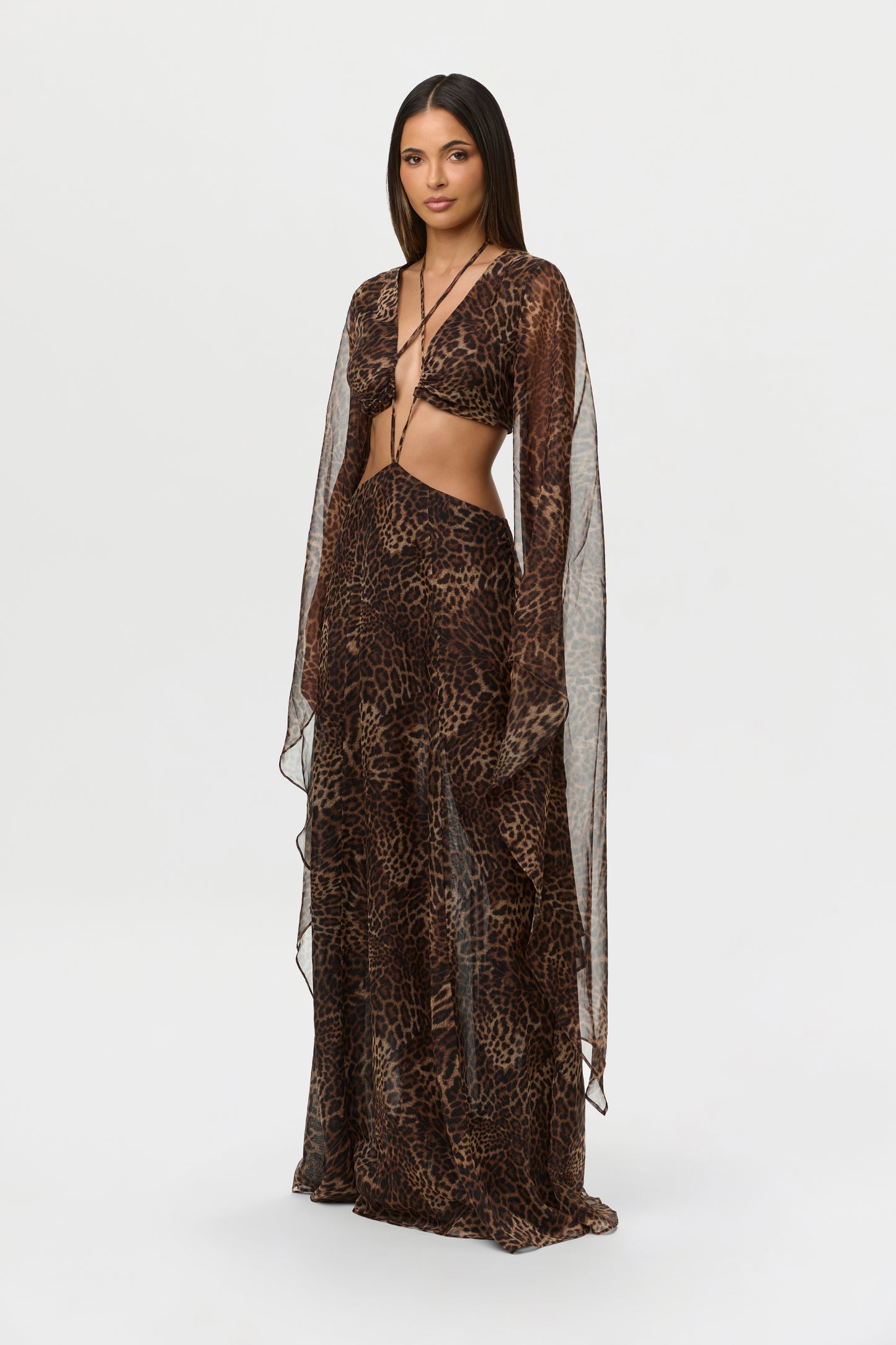 Spotted Leopard Chiffon Print Cutout Maxi