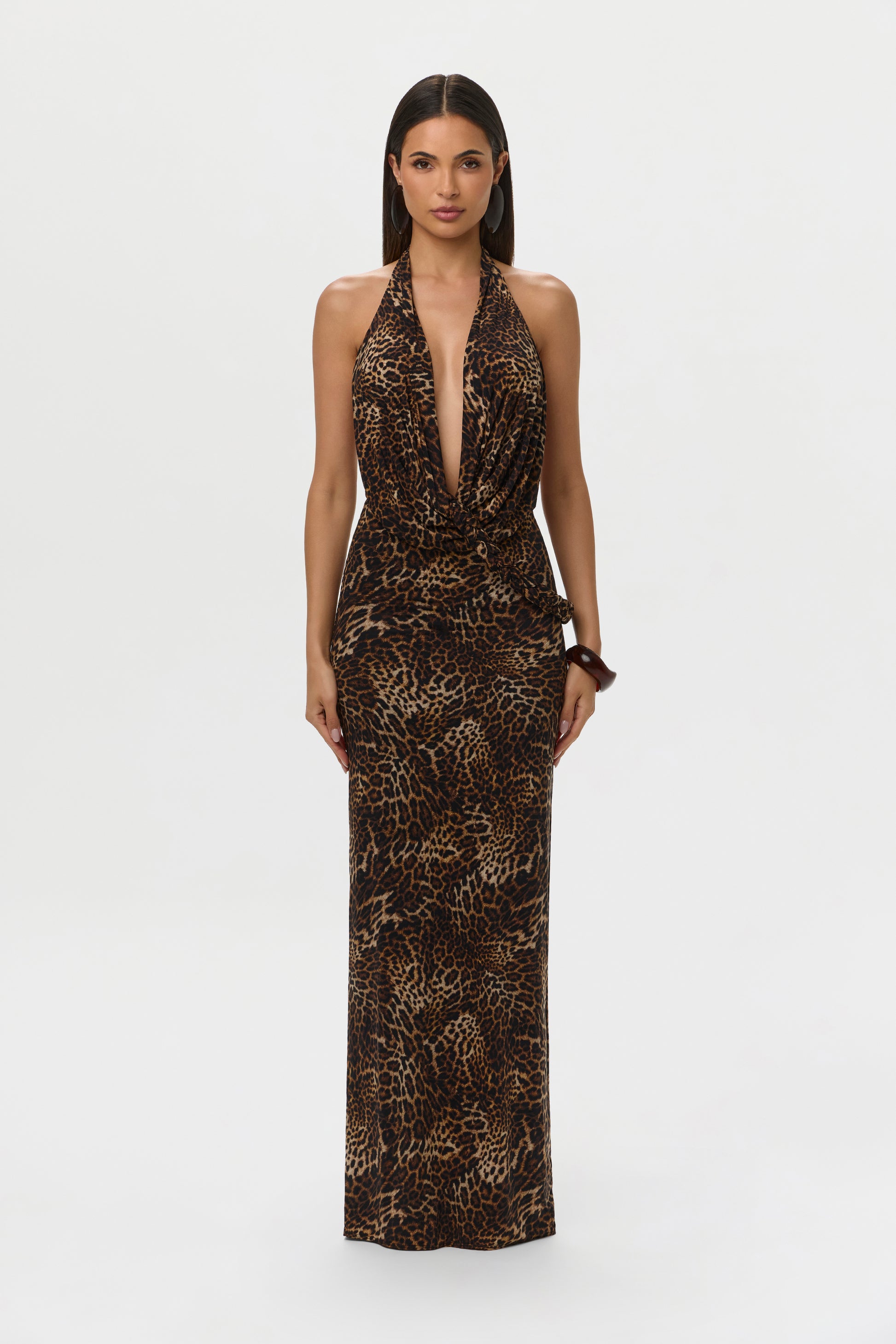 Spotted Leopard Naked Print Halter Braid Maxi Dress
