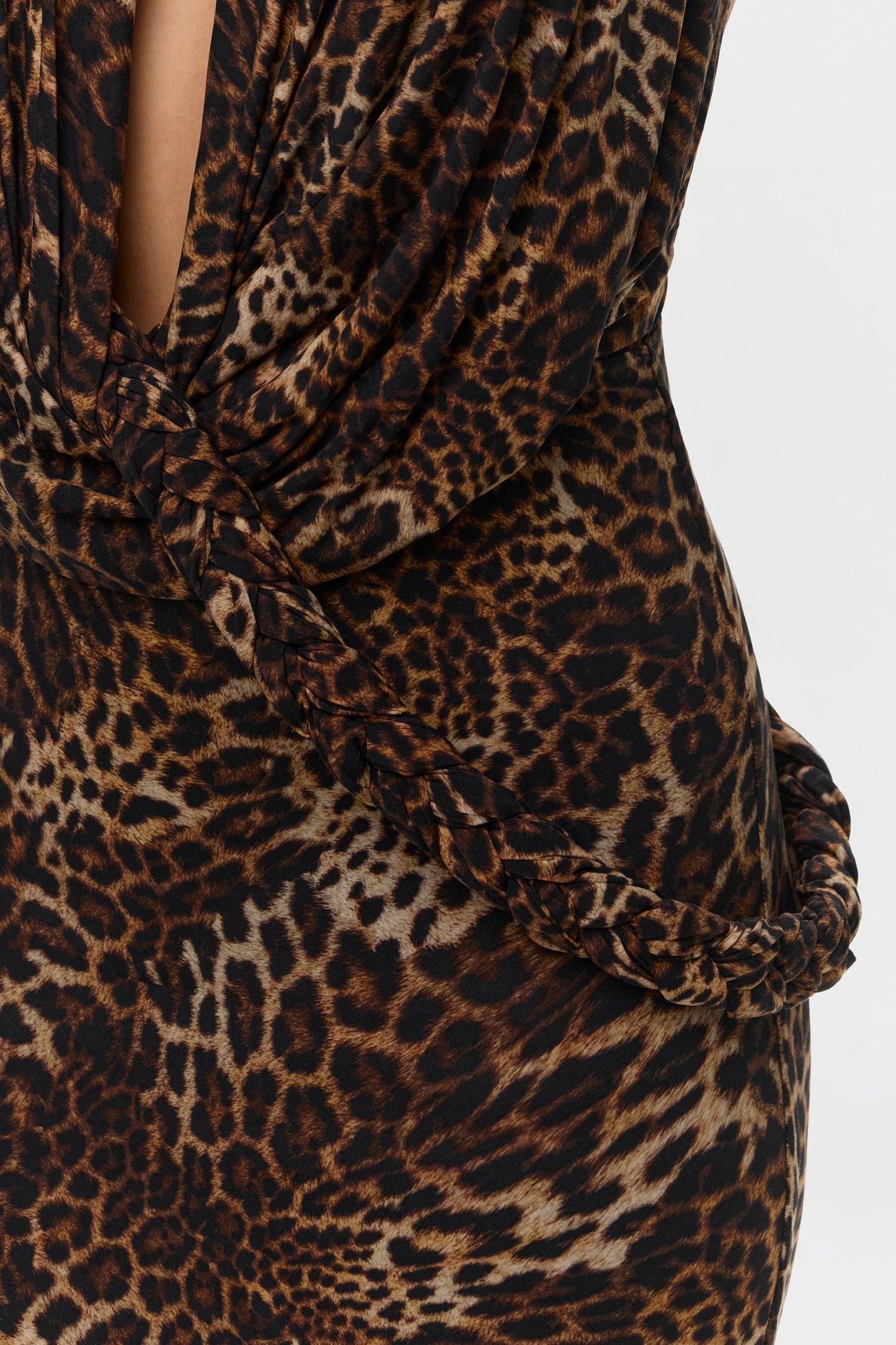 Spotted Leopard Naked Print Halter Braid Maxi Dress
