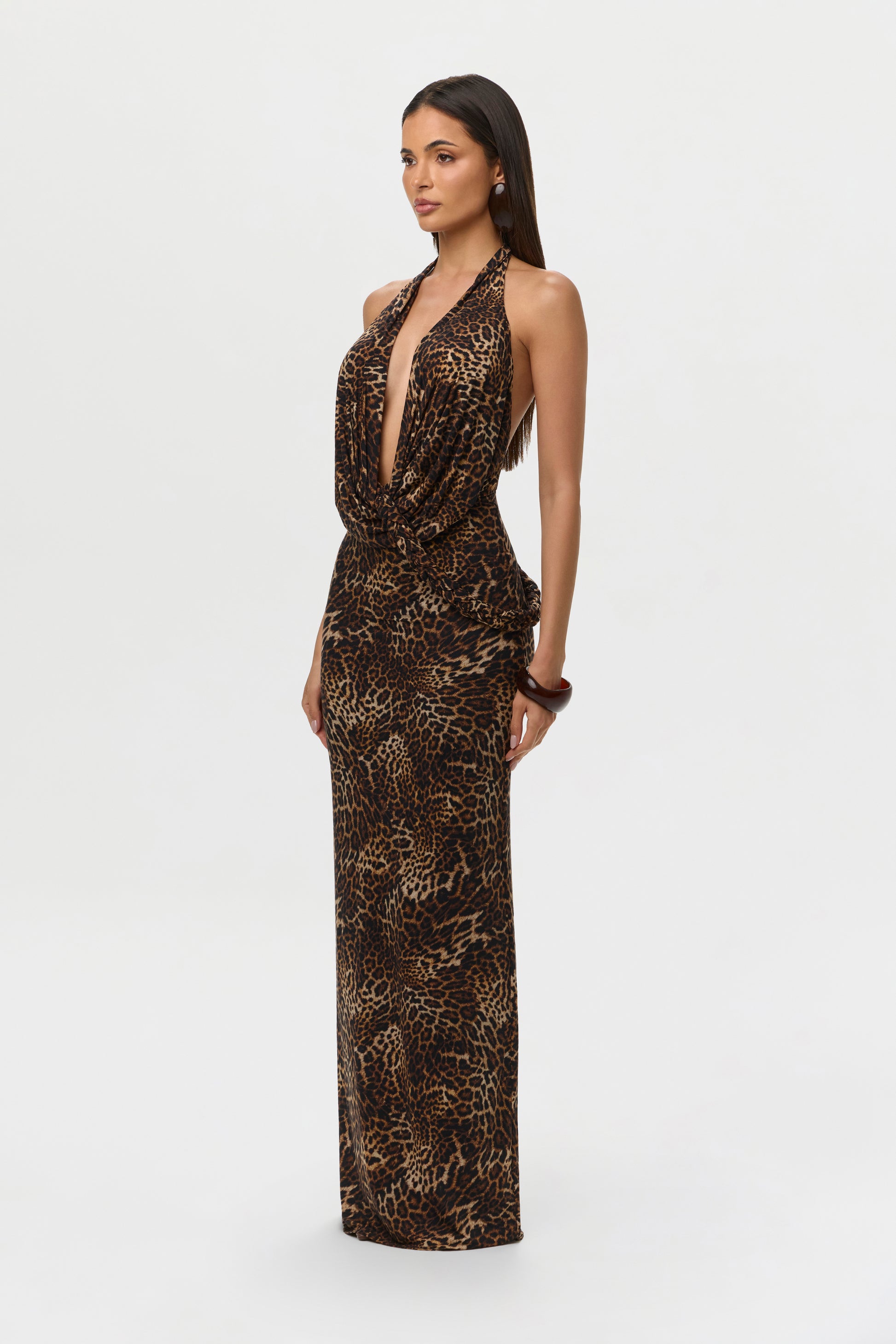 Spotted Leopard Naked Print Halter Braid Maxi Dress