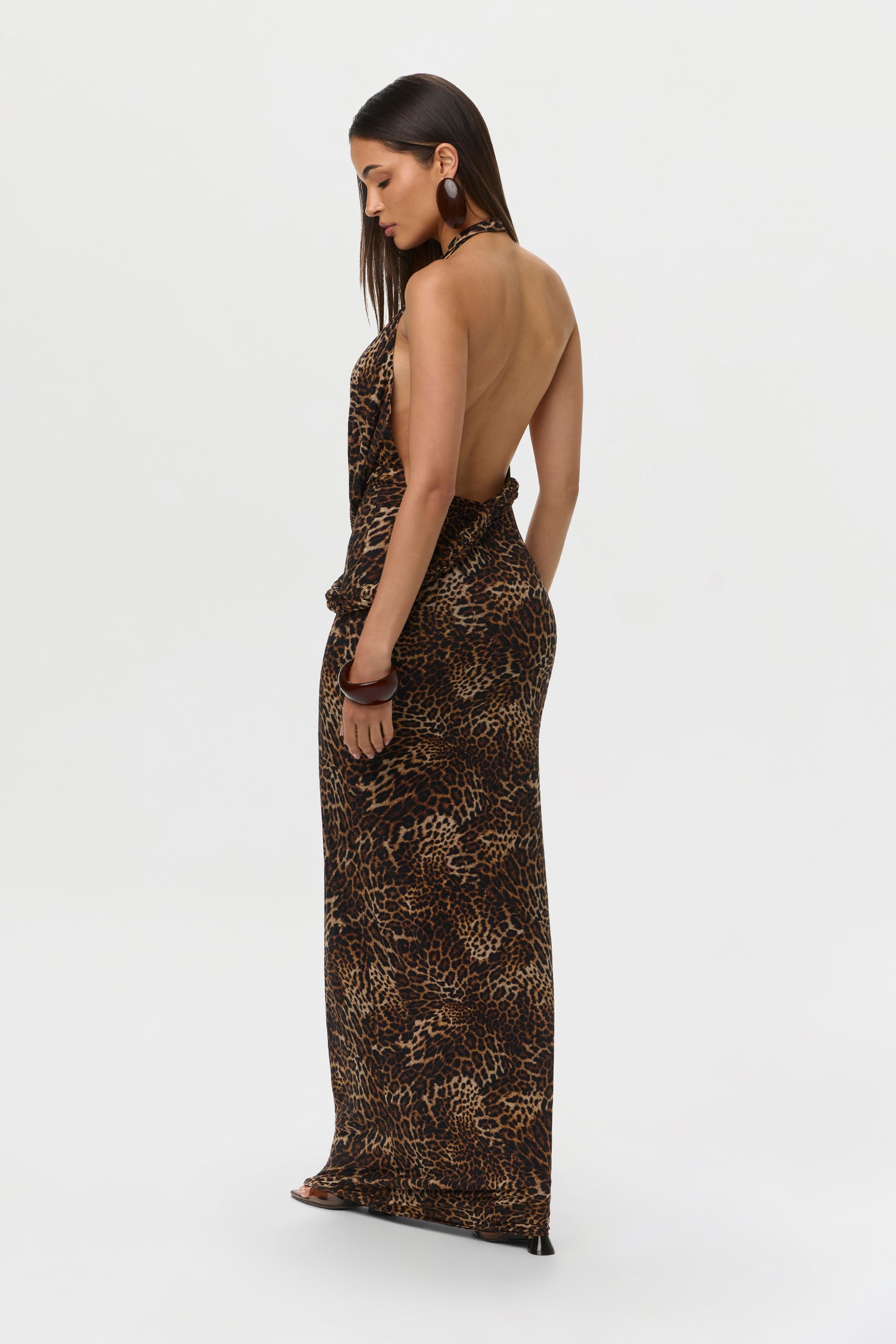 Spotted Leopard Naked Print Halter Braid Maxi Dress