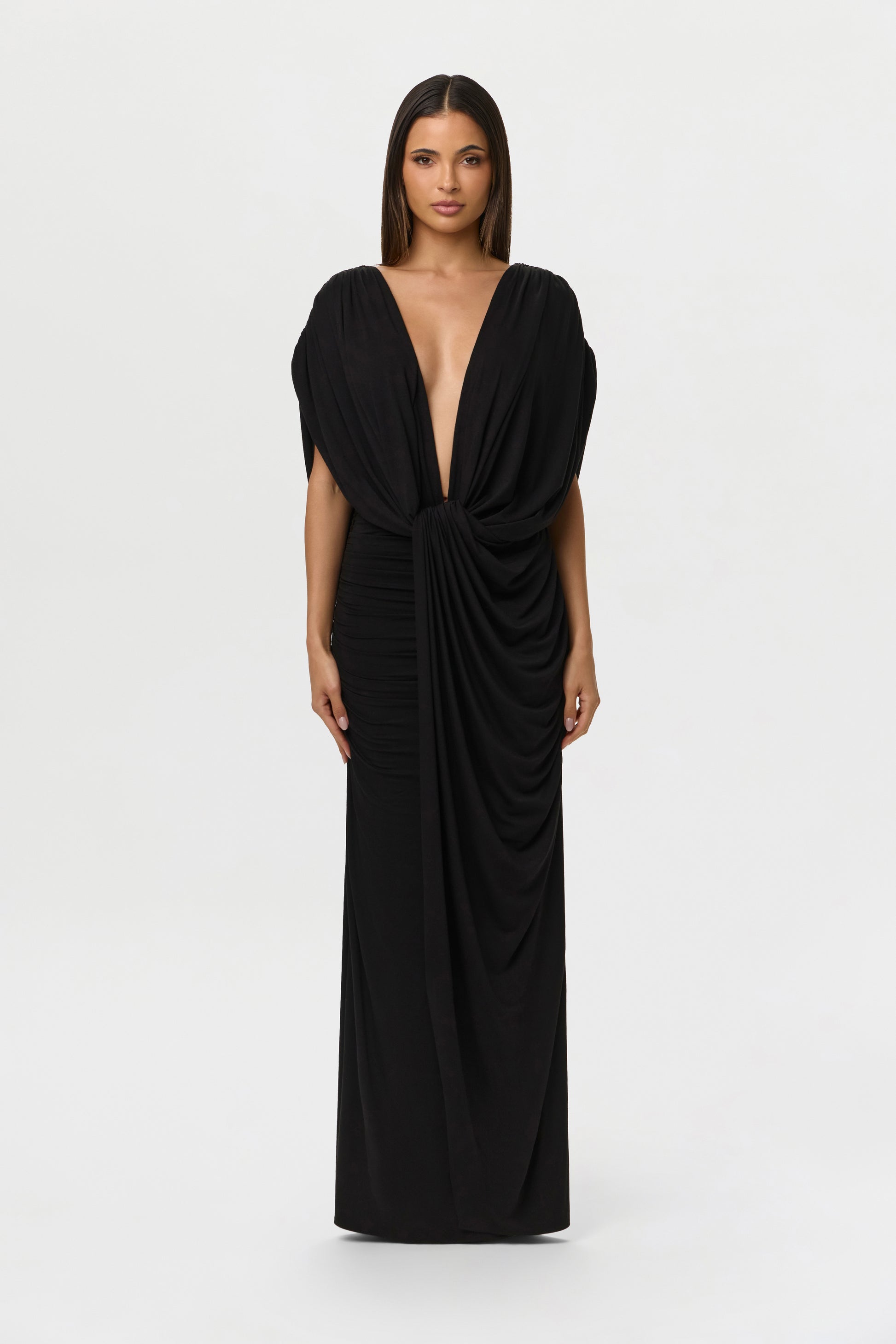 Black Smooth Deep-V Drape Gown