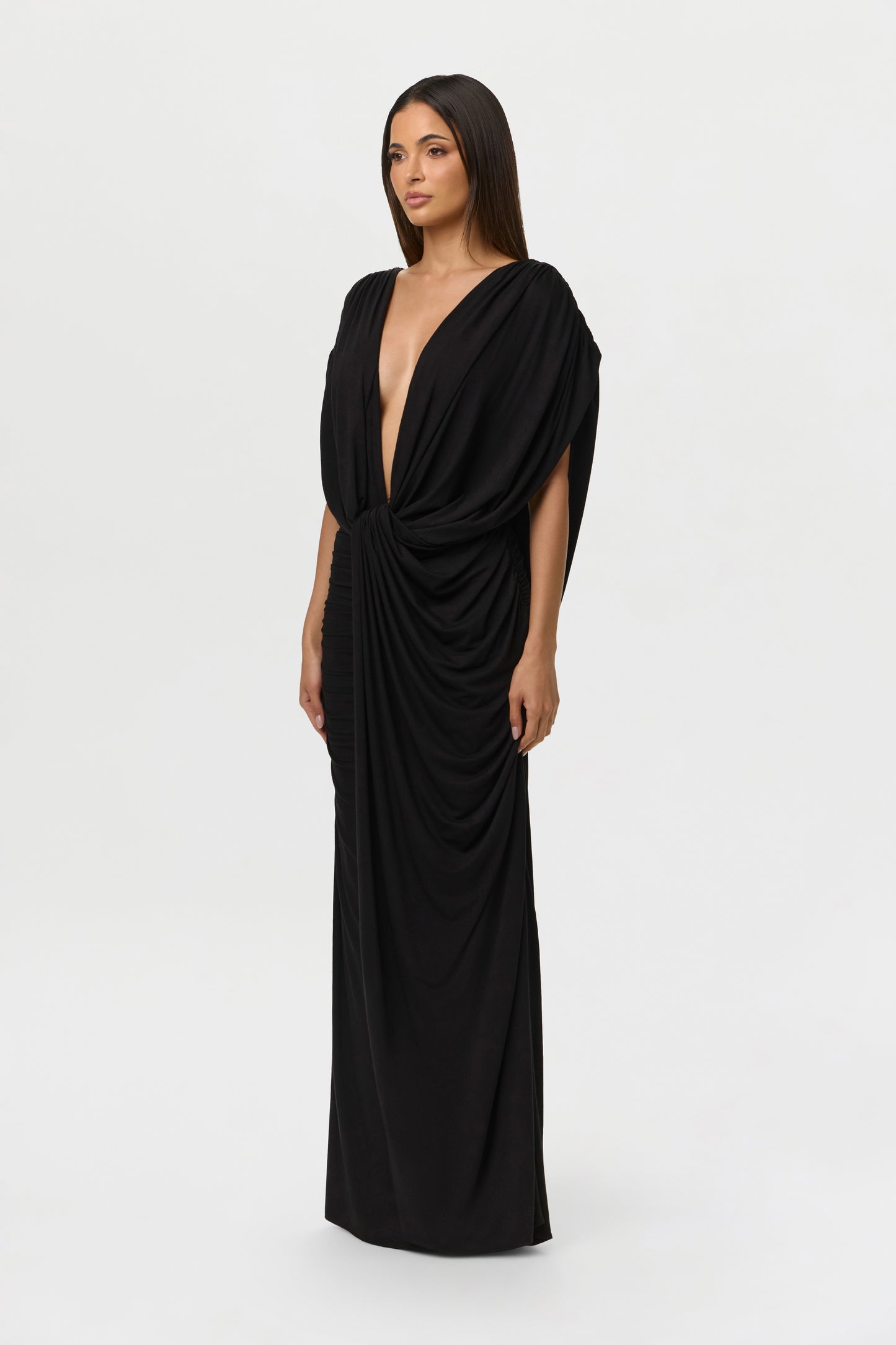 Black Smooth Deep-V Drape Gown