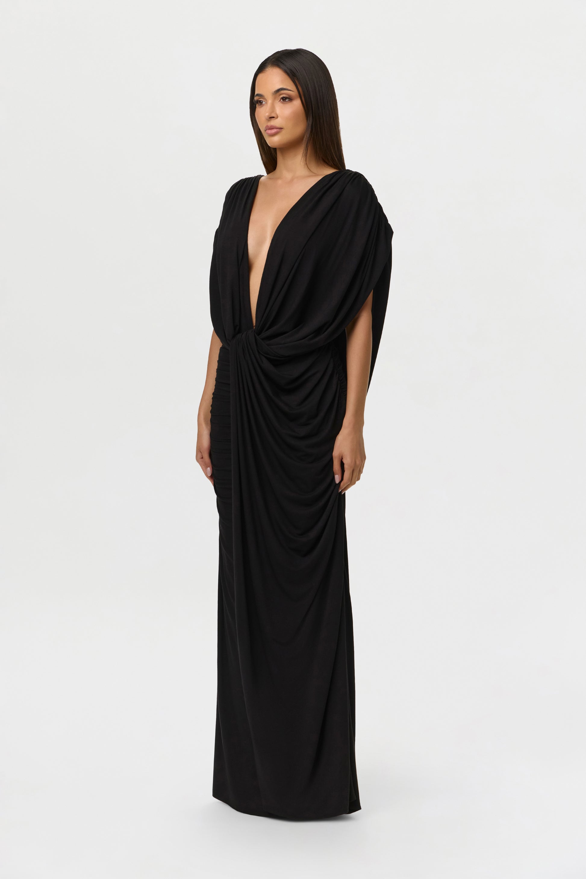 Black Smooth Deep-V Drape Gown