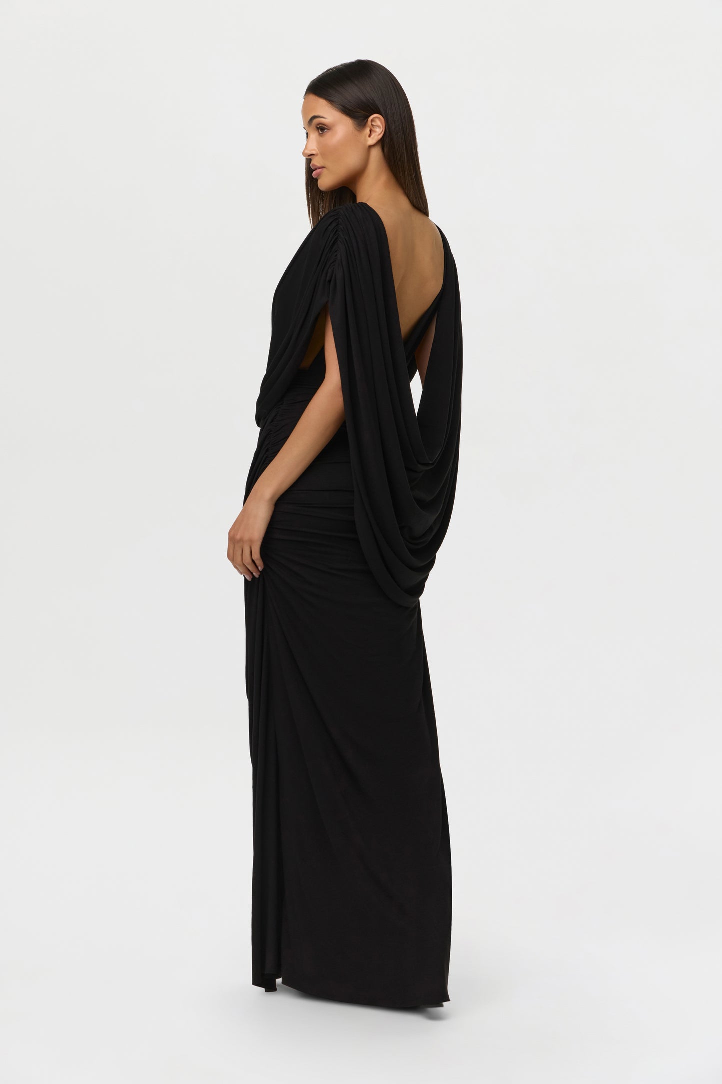 Black Smooth Deep-V Drape Gown