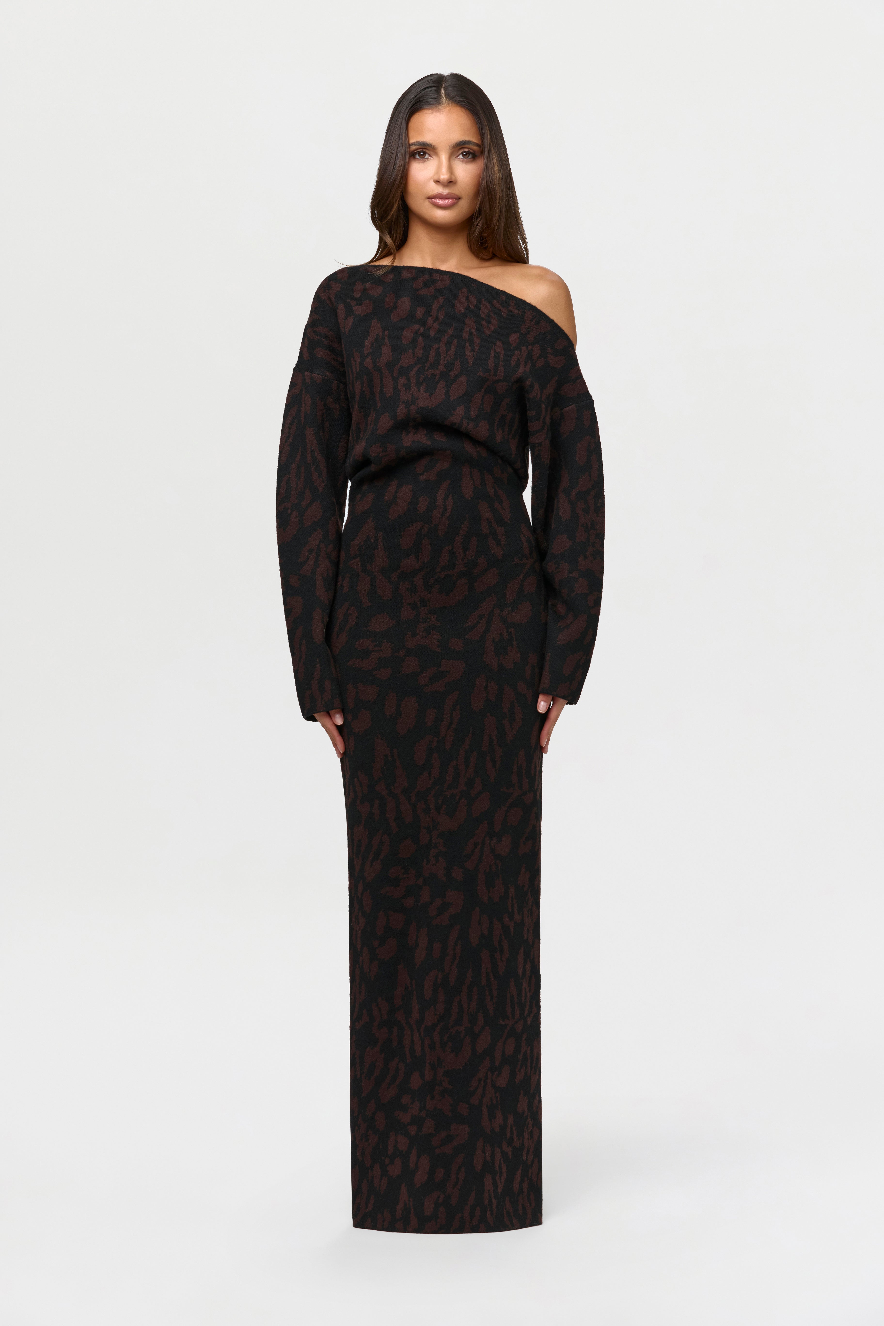 Knit Print Off-Shoulder Sweater Dress