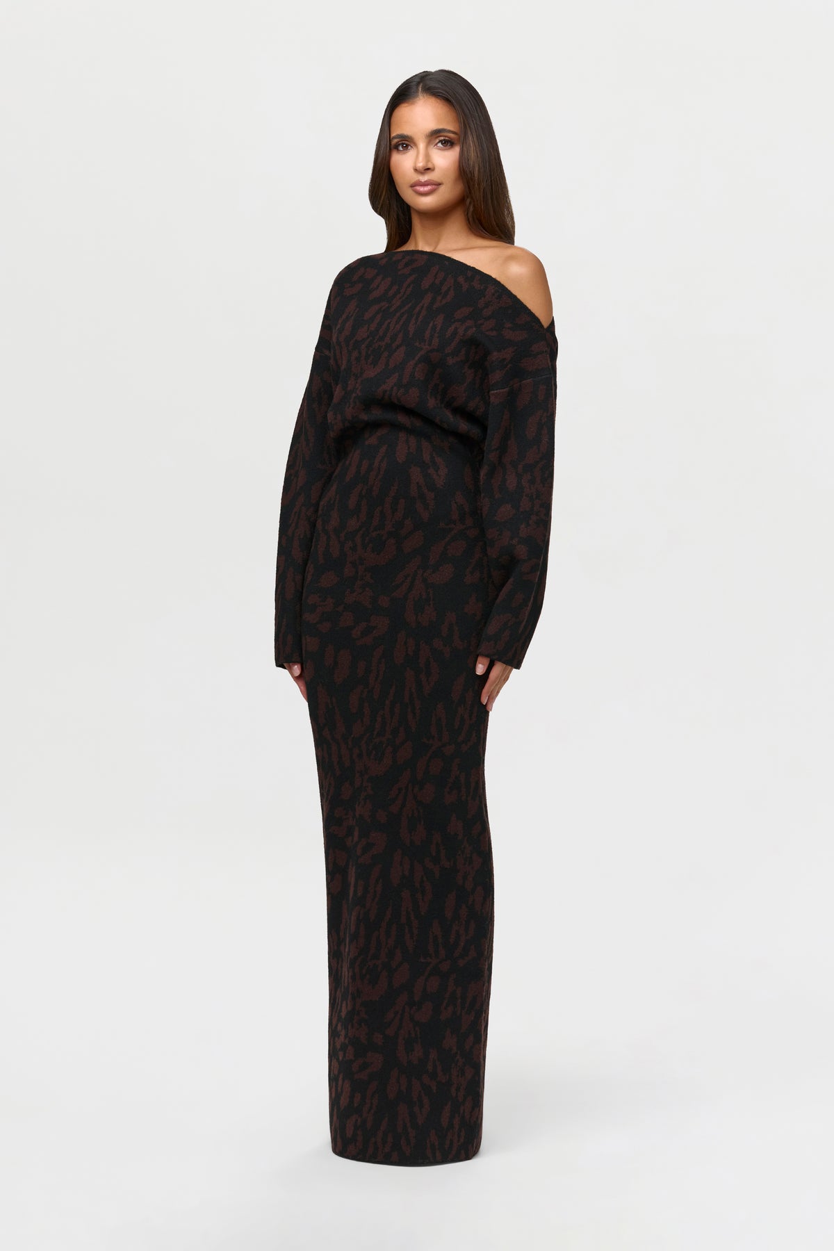 Knit Print Off-Shoulder Sweater Dress