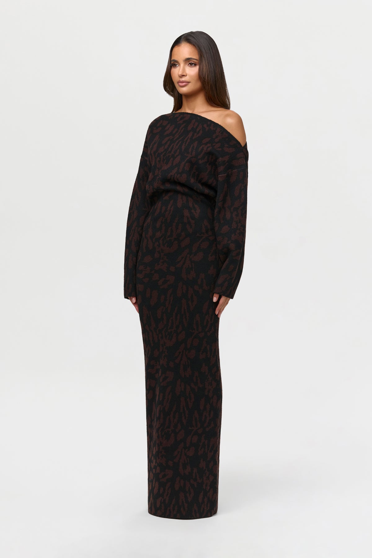 Knit Print Off-Shoulder Sweater Dress