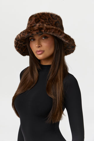 Faux Fur Leopard Print Bucket Hat