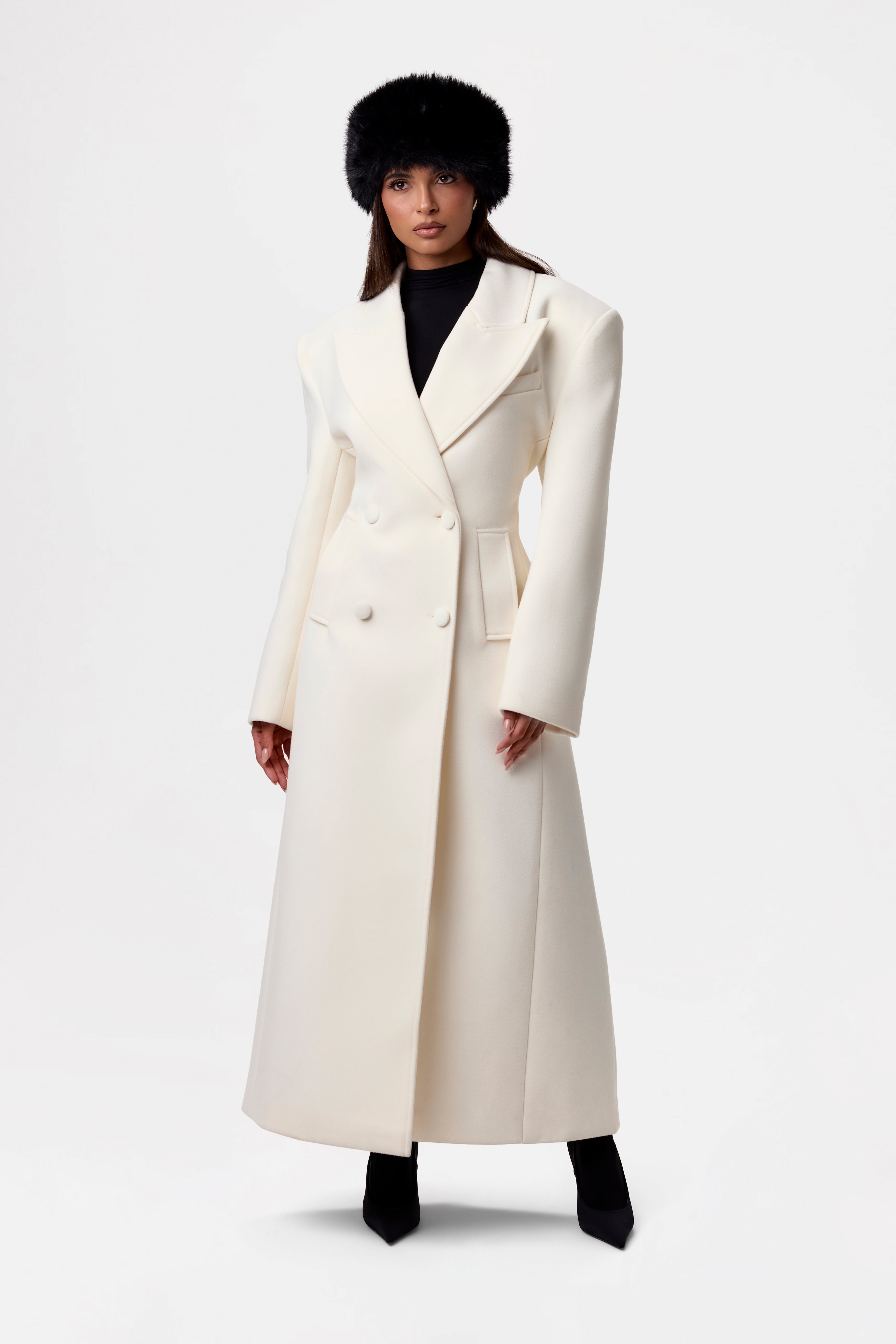 Faux Wool Power Shoulder Coat