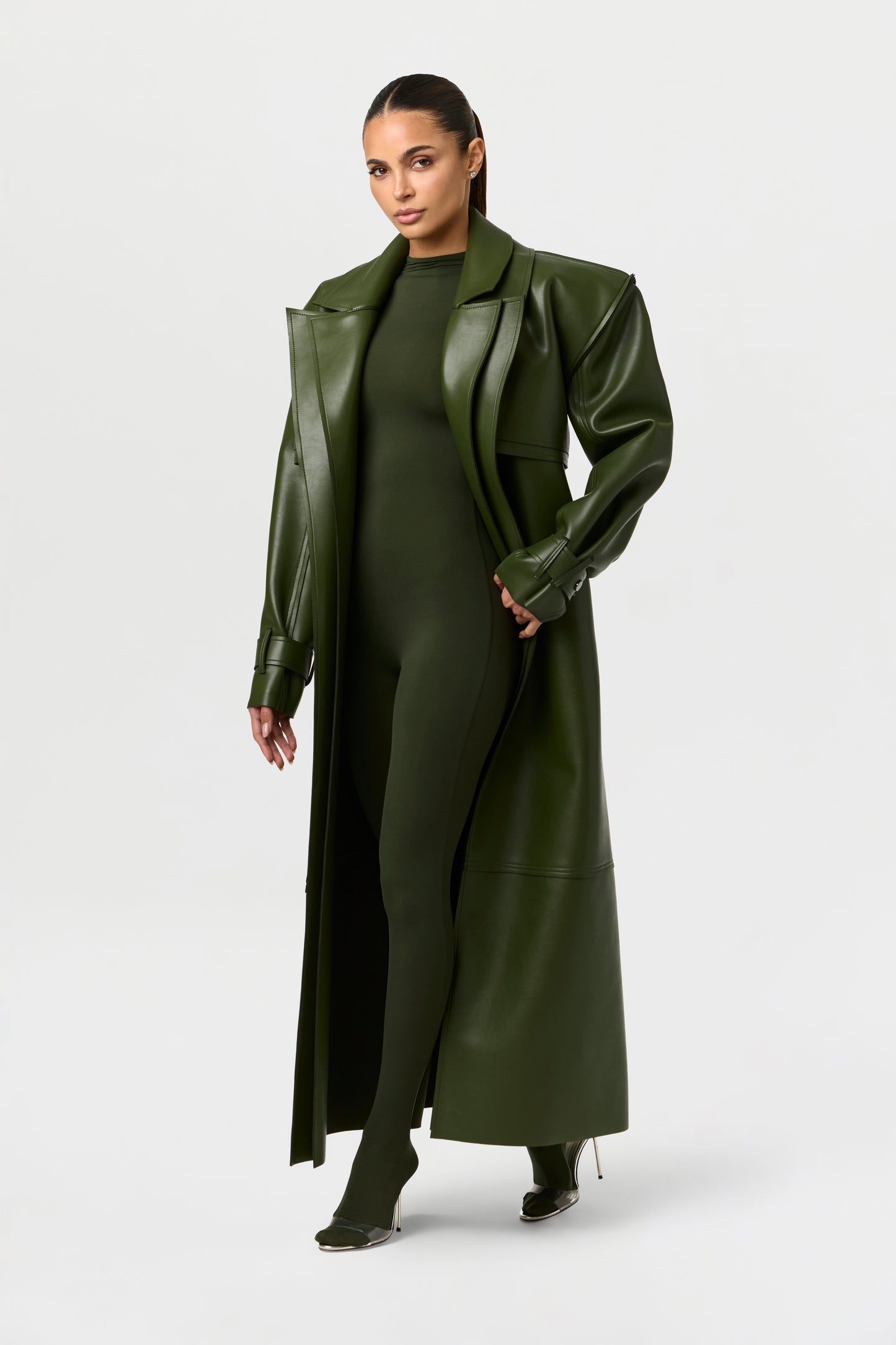 Vegan Leather Dual Collar Trench Coat