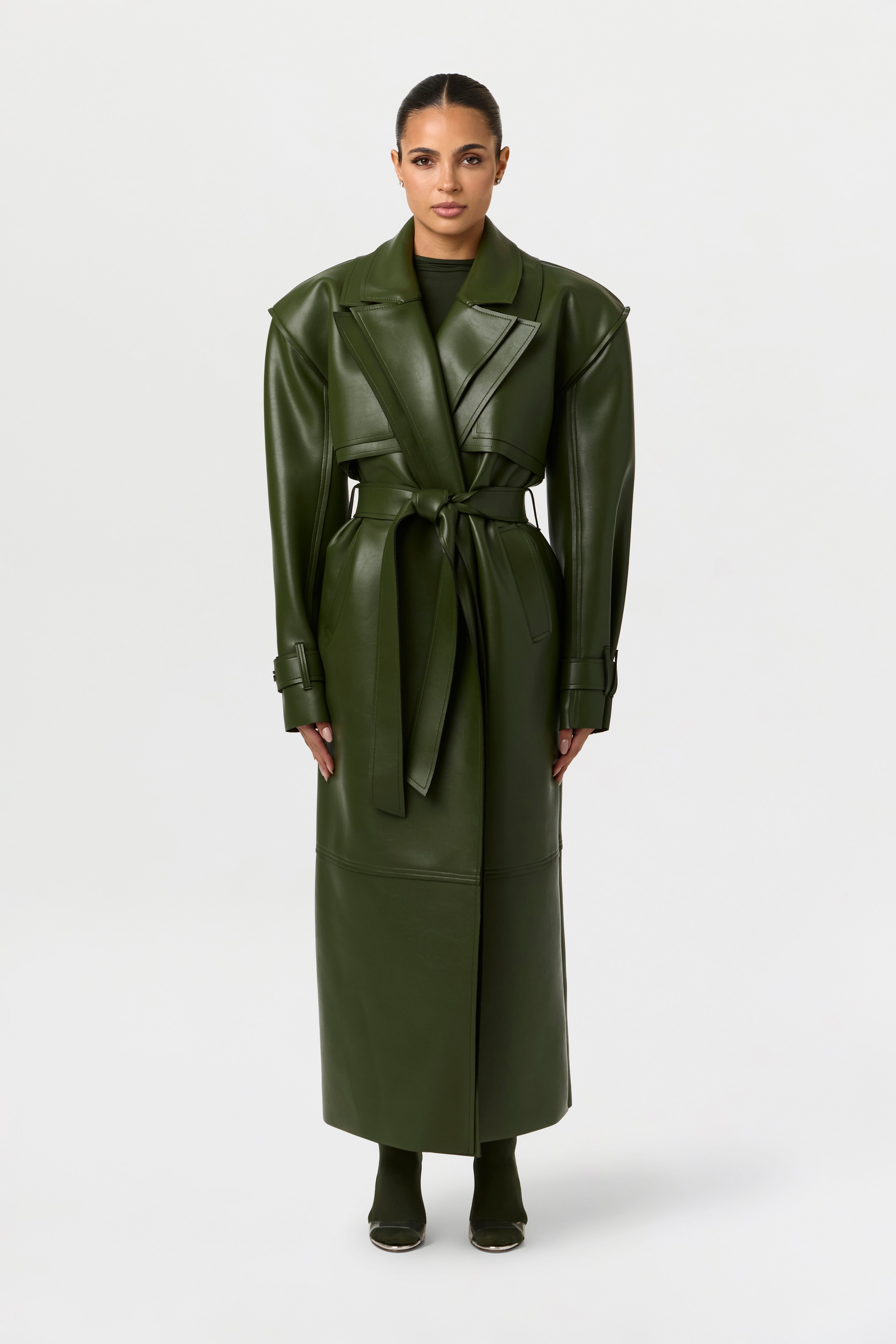 Vegan Leather Dual Collar Trench Coat