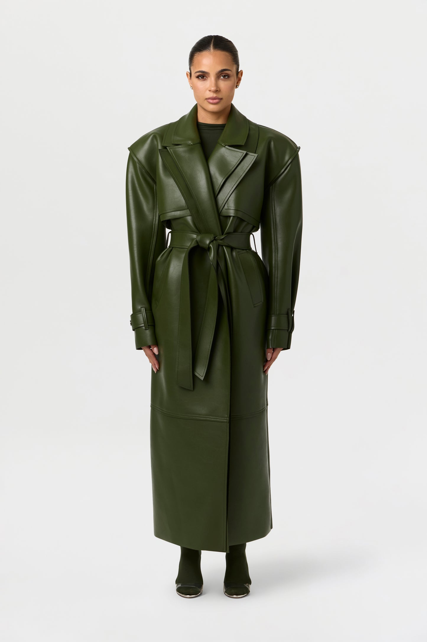 Vegan Leather Dual Collar Trench Coat
