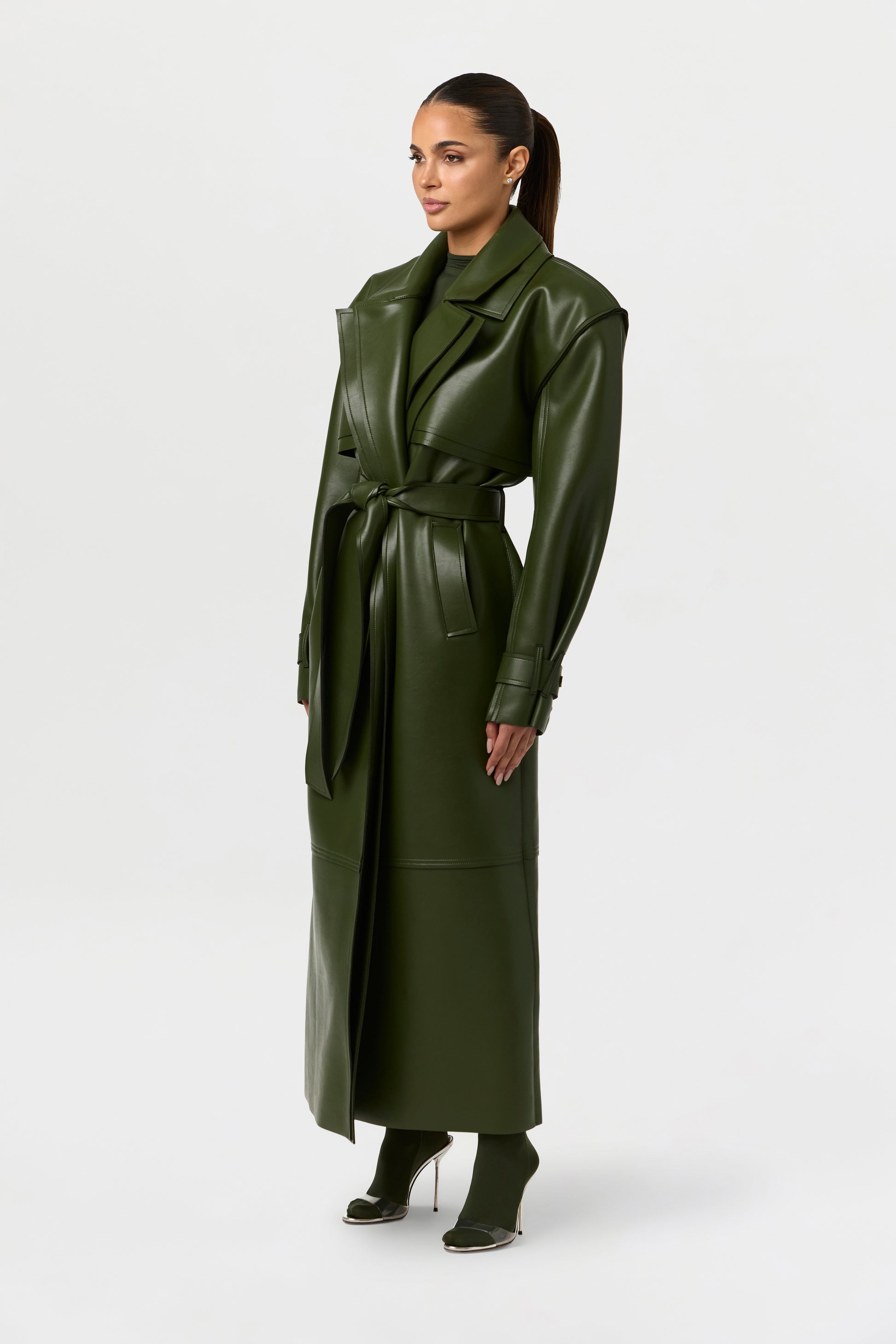 Vegan Leather Dual Collar Trench Coat