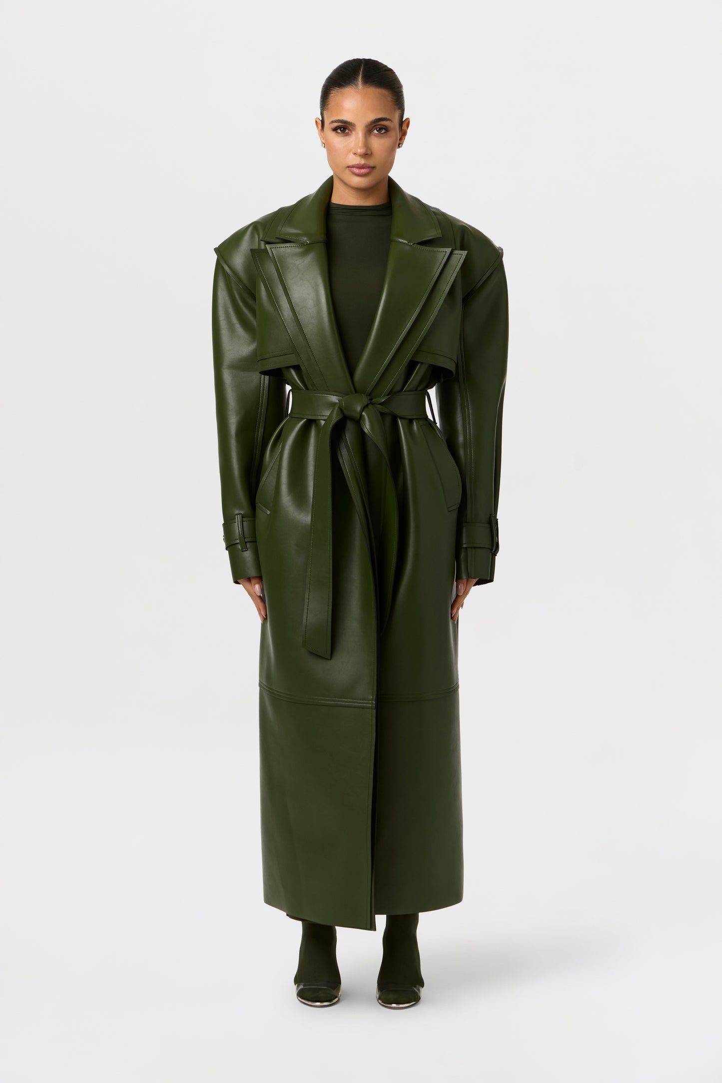 Vegan Leather Dual Collar Trench Coat