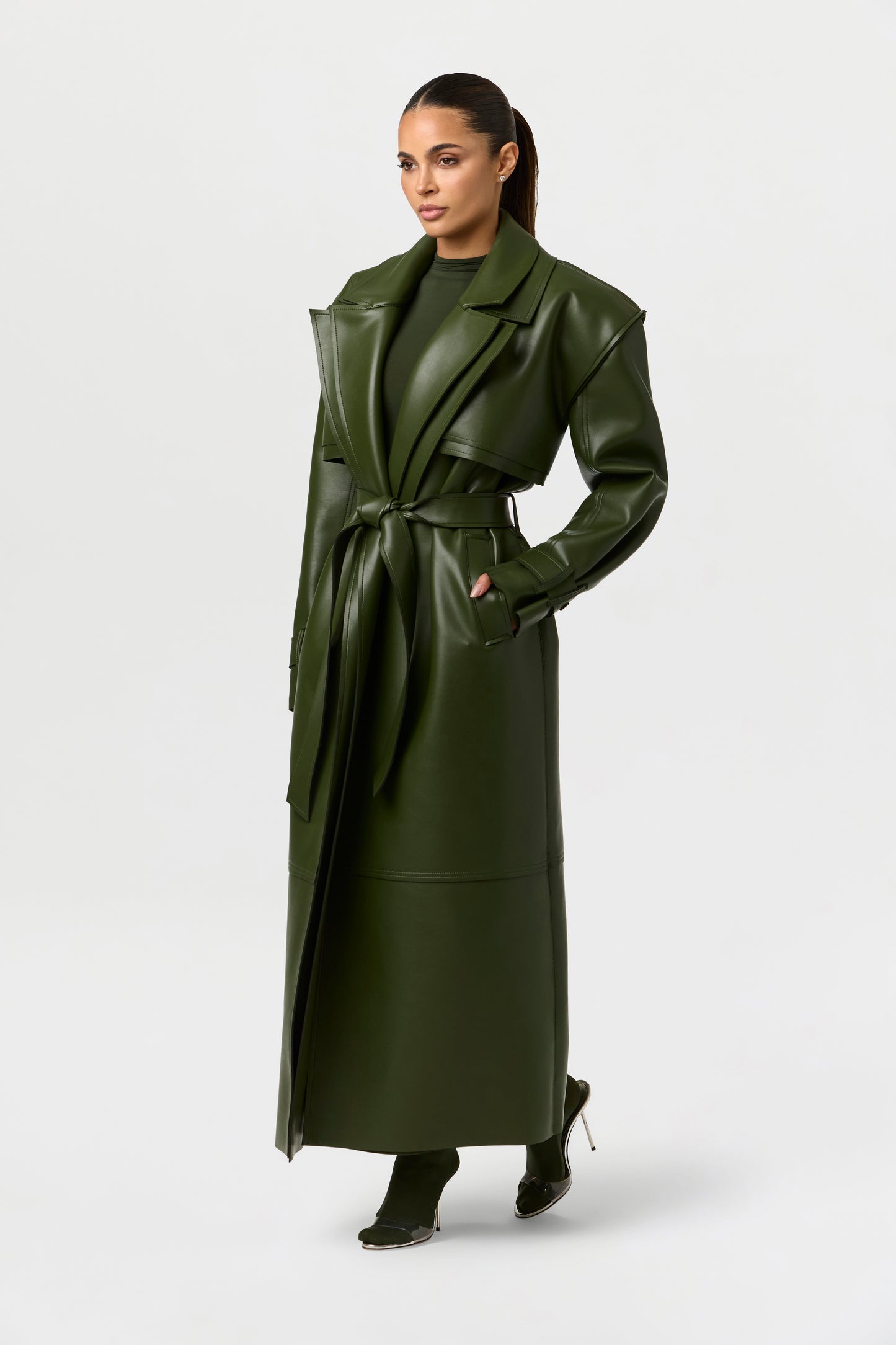 Vegan Leather Dual Collar Trench Coat