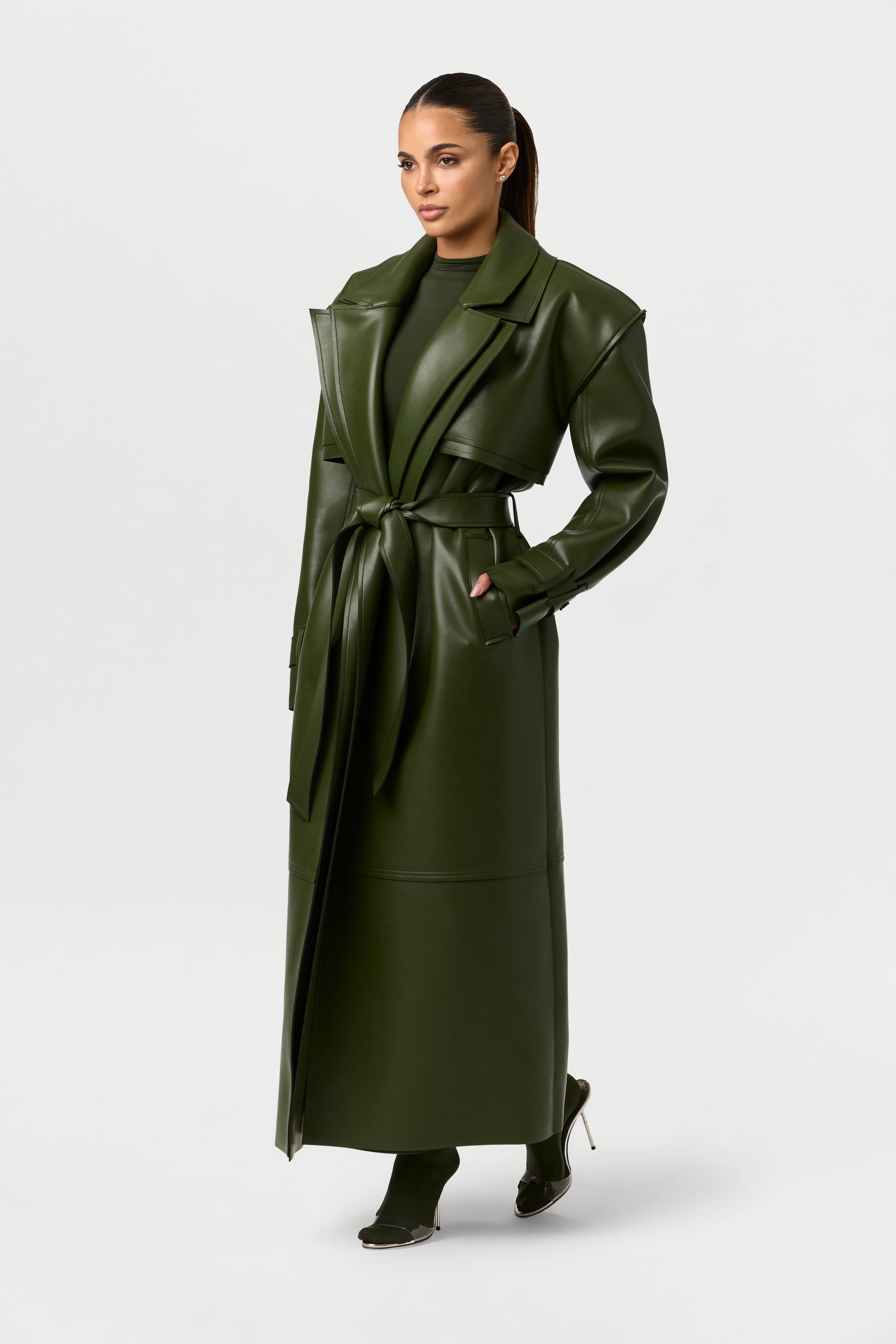 Vegan Leather Dual Collar Trench Coat