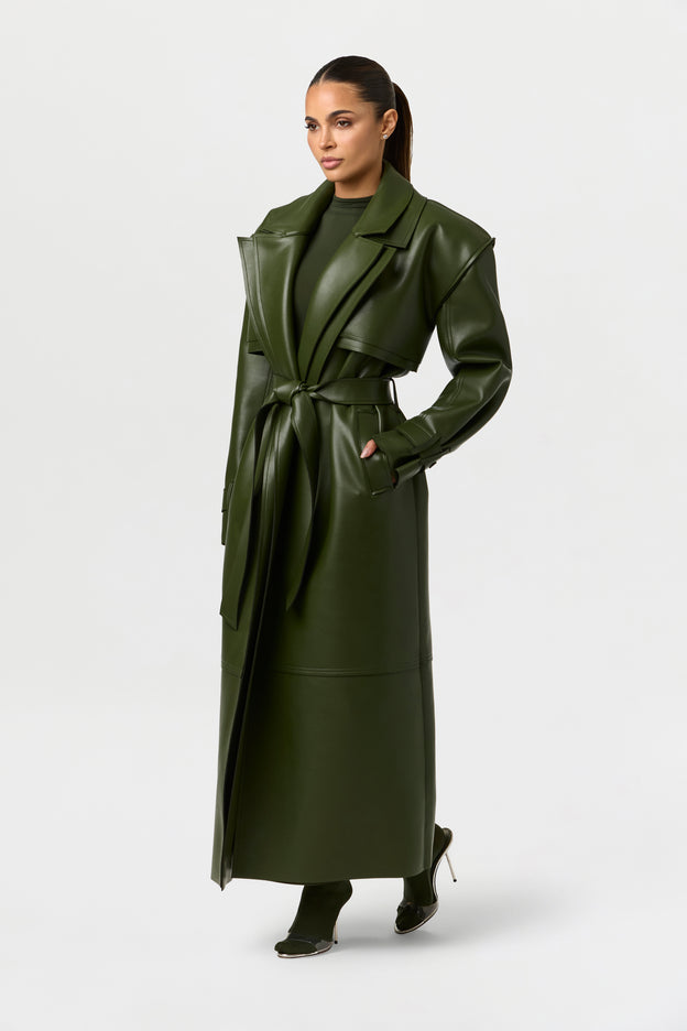 Vegan Leather Dual Collar Trench Coat