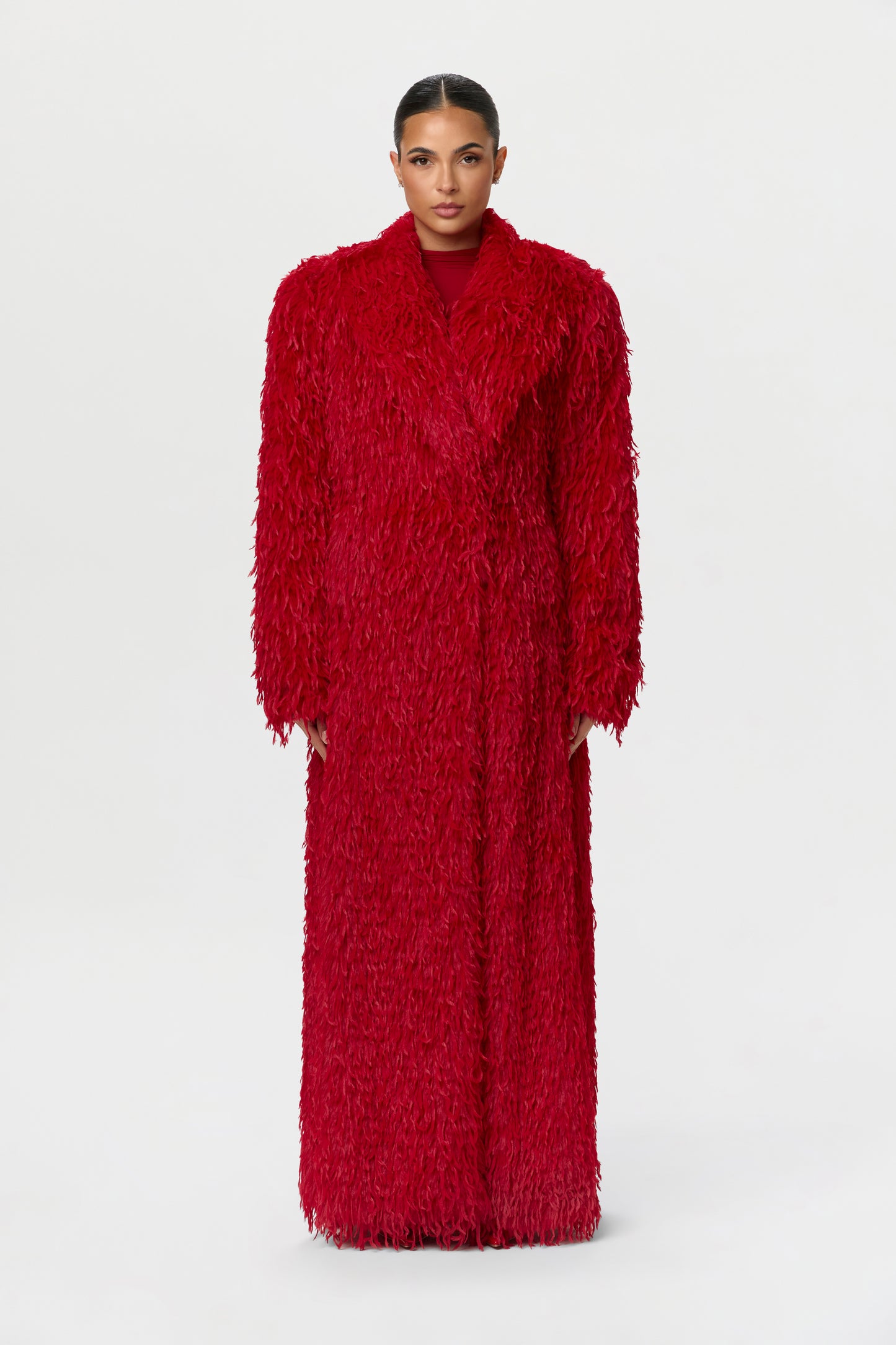 Naked Wardrobe Women's Long Faux Feather Coat - Red Naked Wardrobe Women's Long Faux Feather Coat - Red