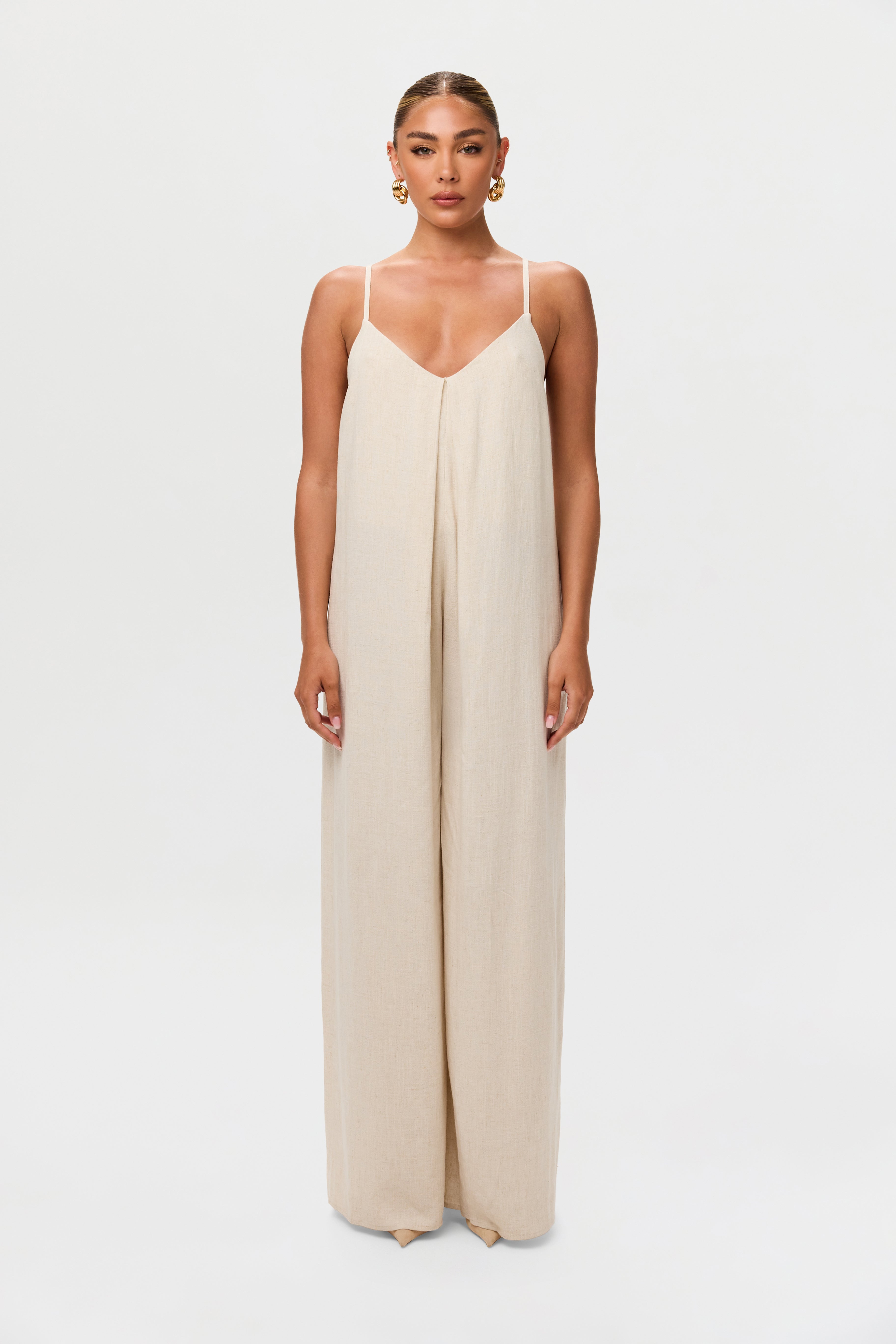 Linen Open Back Wide Leg Jumpsuit