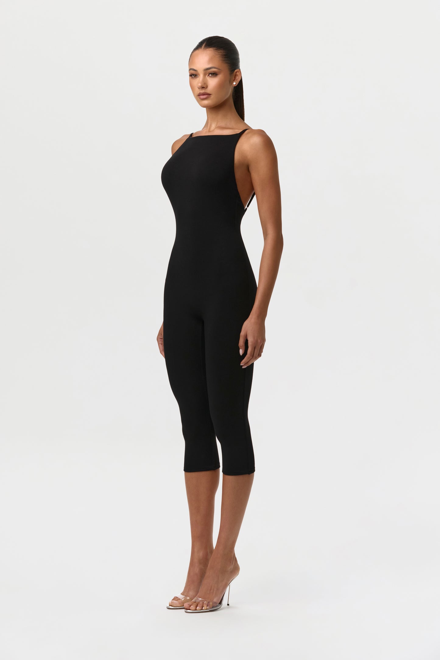 Black Smooth Open Back Capri Jumpsuit