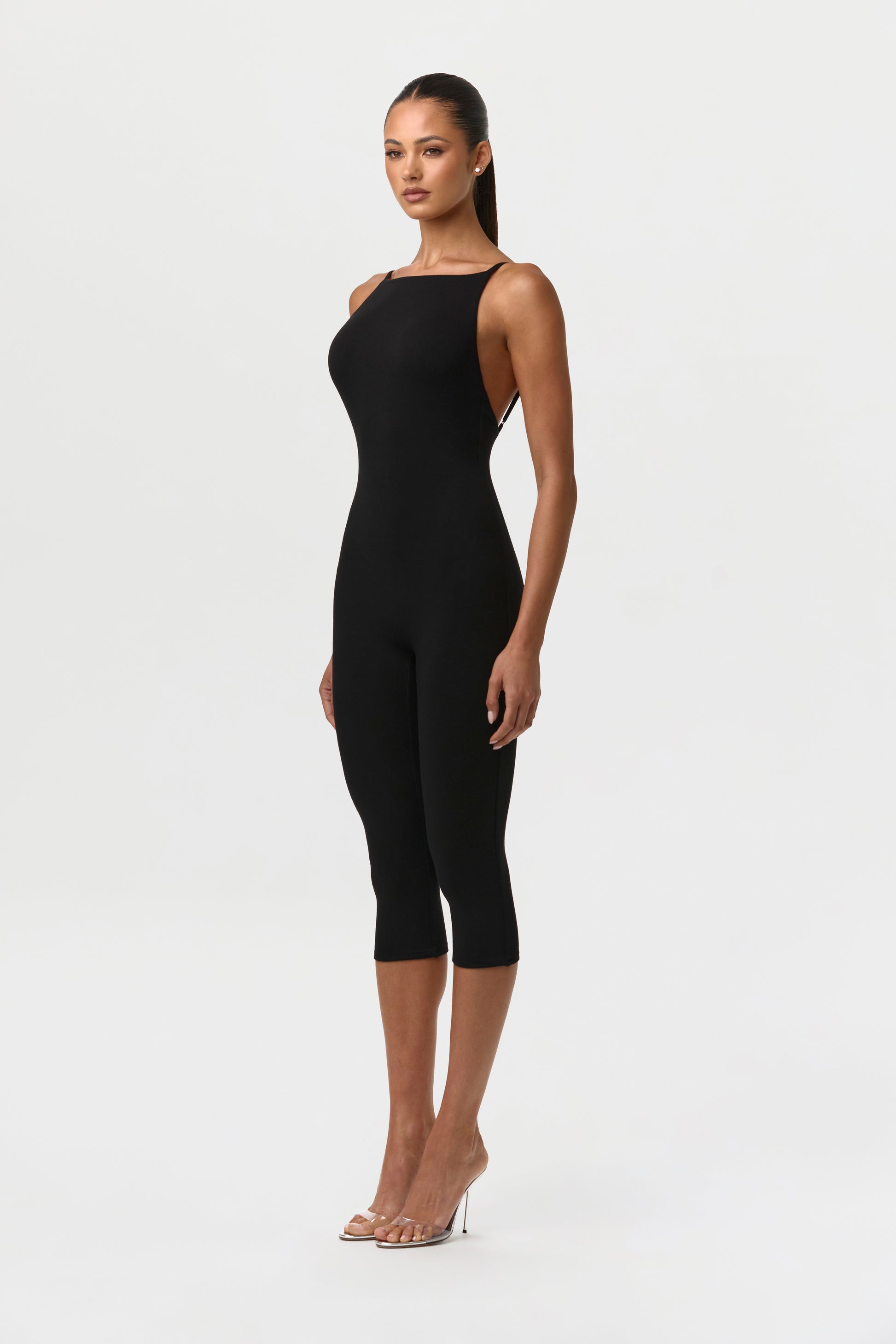 Black Smooth Open Back Capri Jumpsuit