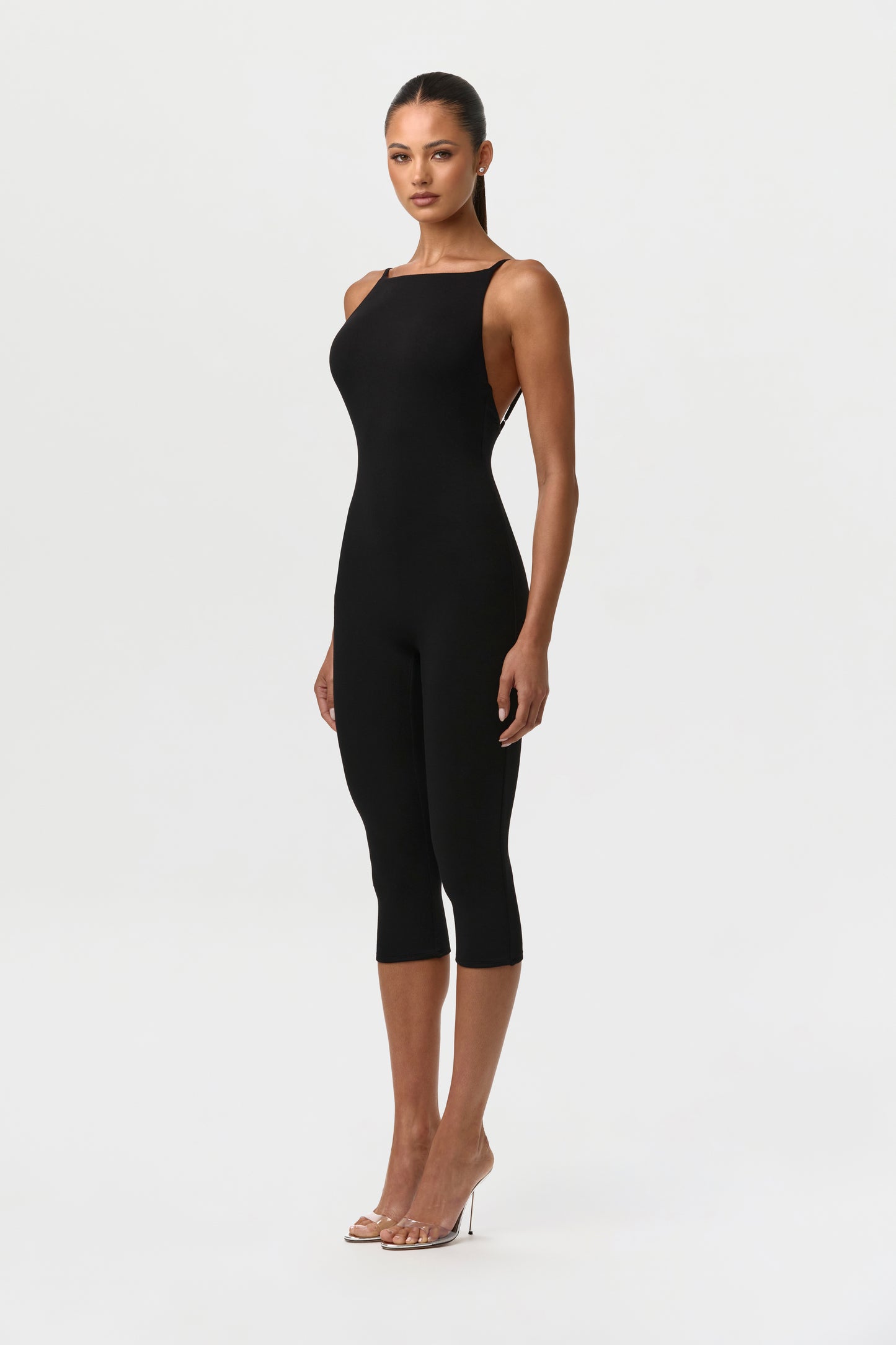 Black Smooth Open Back Capri Jumpsuit