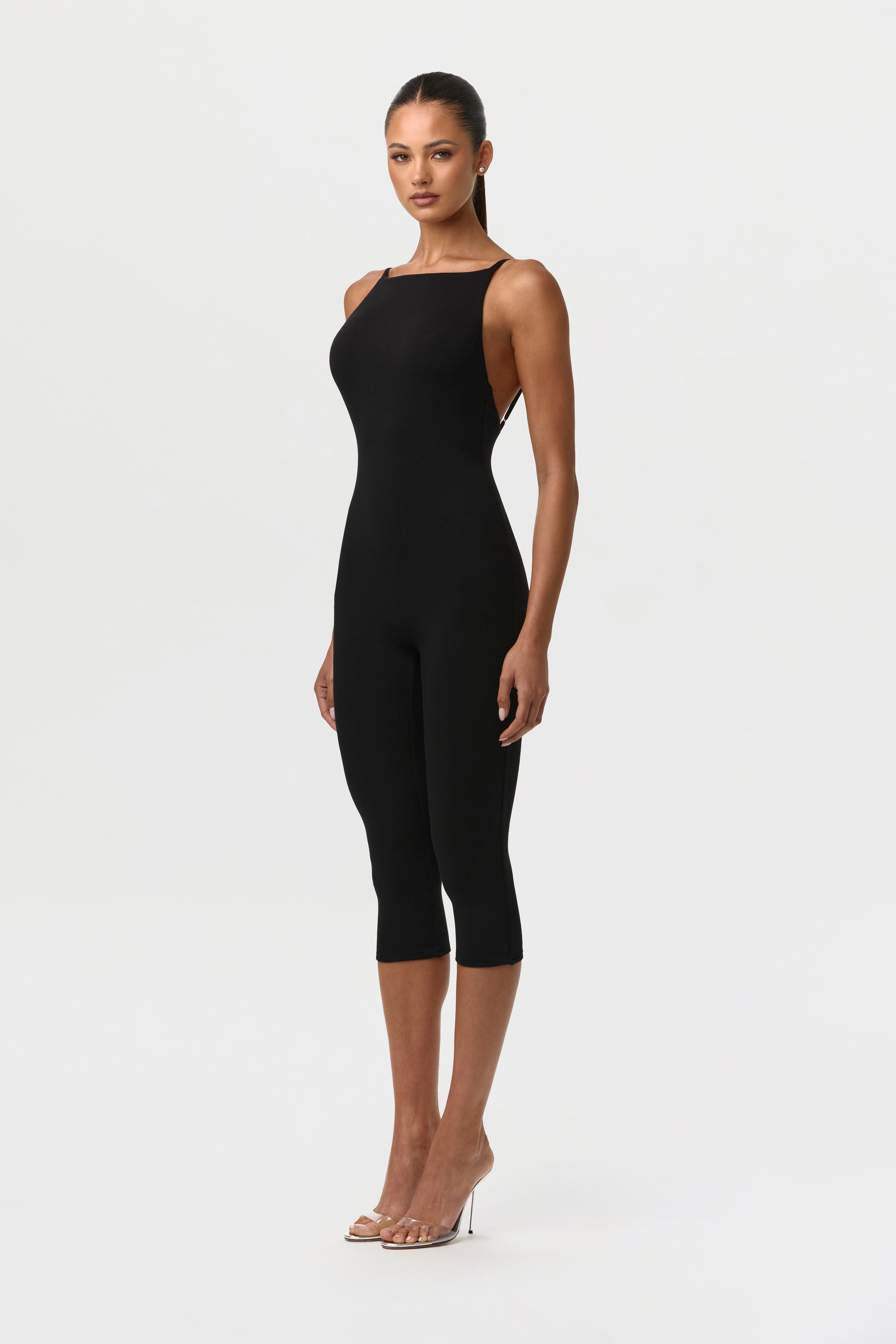 Black Smooth Open Back Capri Jumpsuit