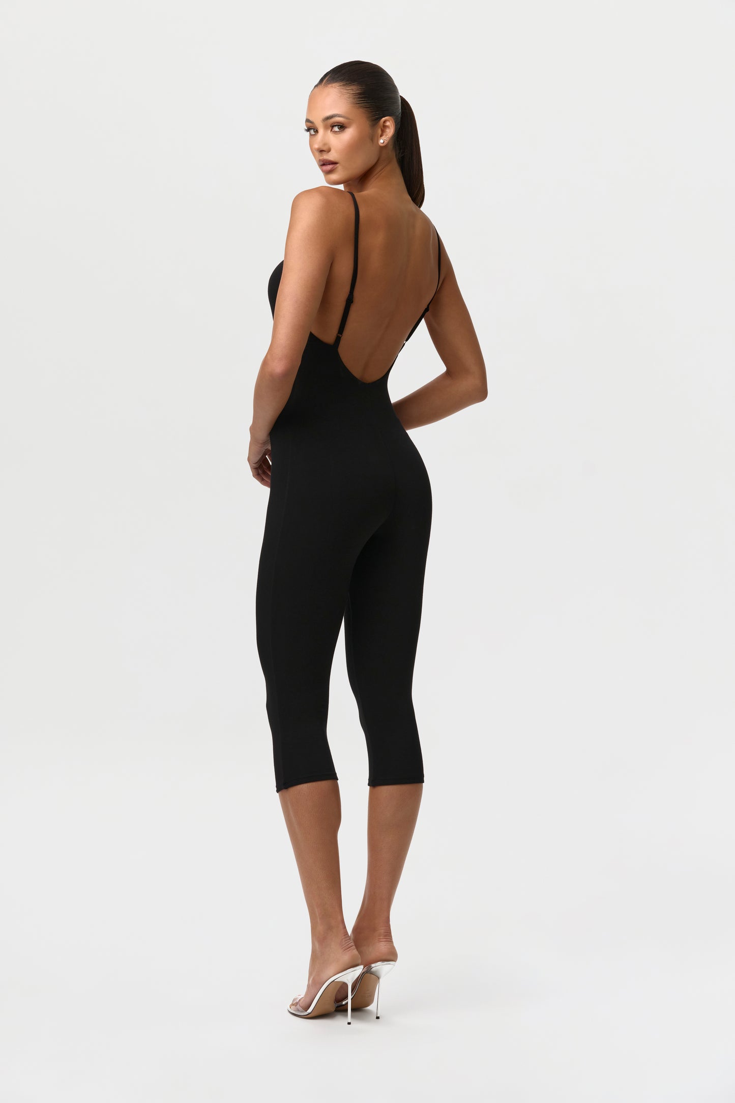 Black Smooth Open Back Capri Jumpsuit