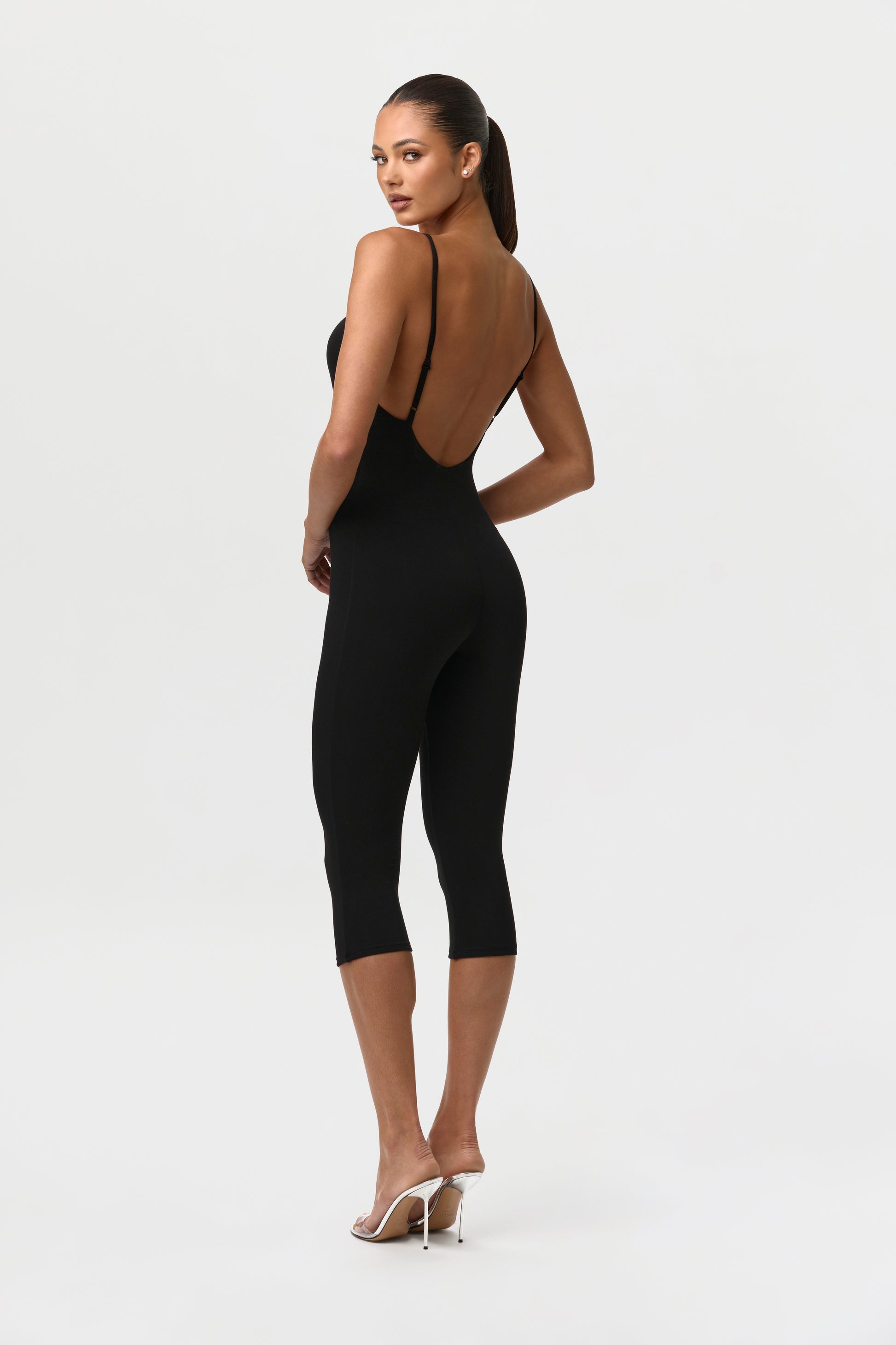 Black Smooth Open Back Capri Jumpsuit