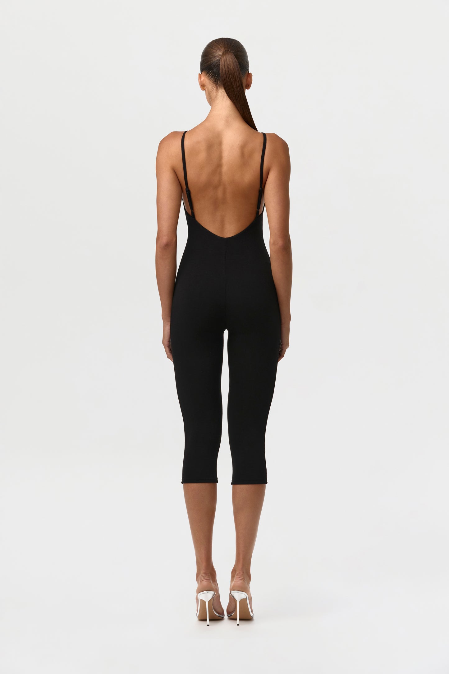 Black Smooth Open Back Capri Jumpsuit