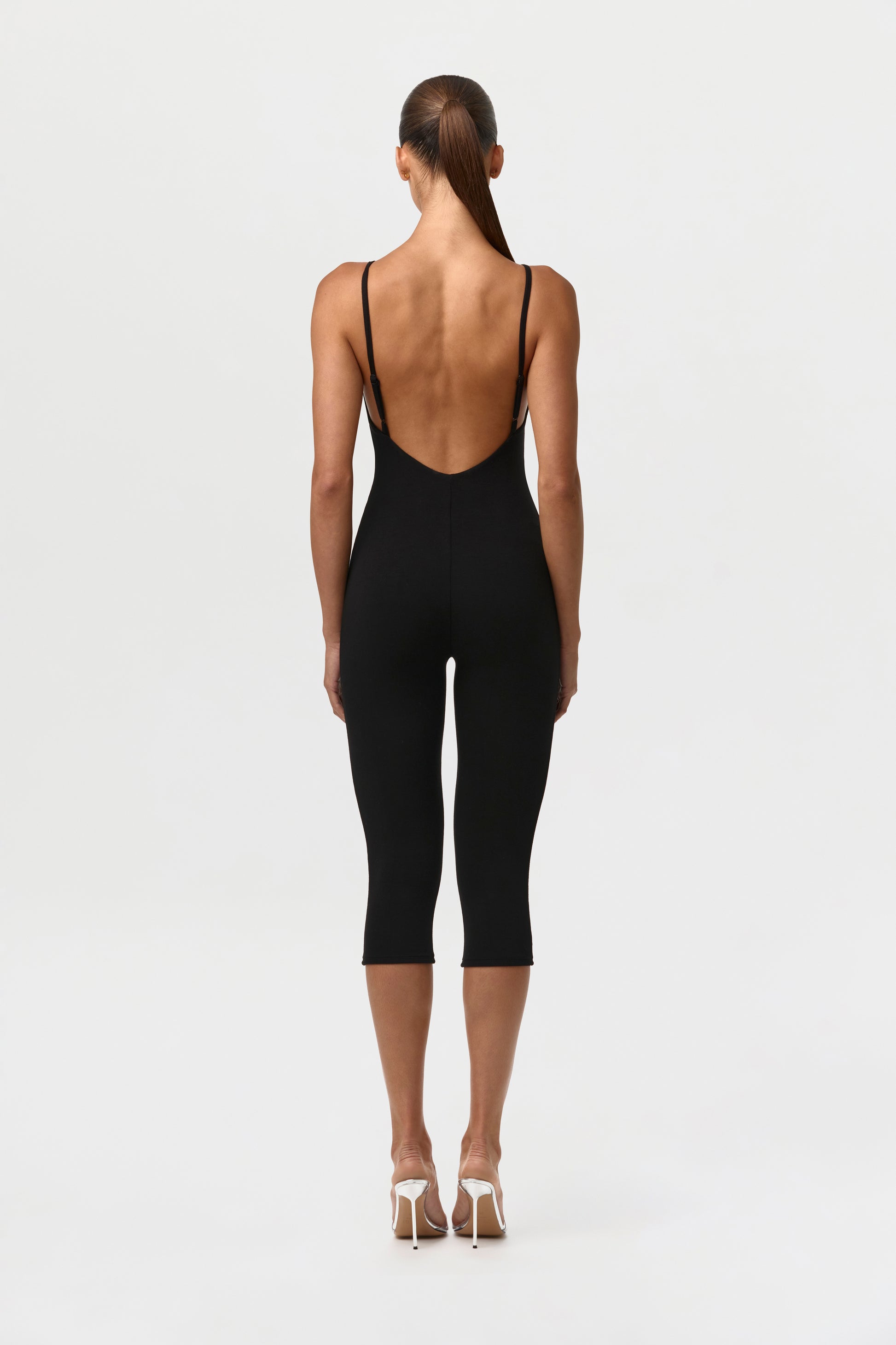 Black Smooth Open Back Capri Jumpsuit