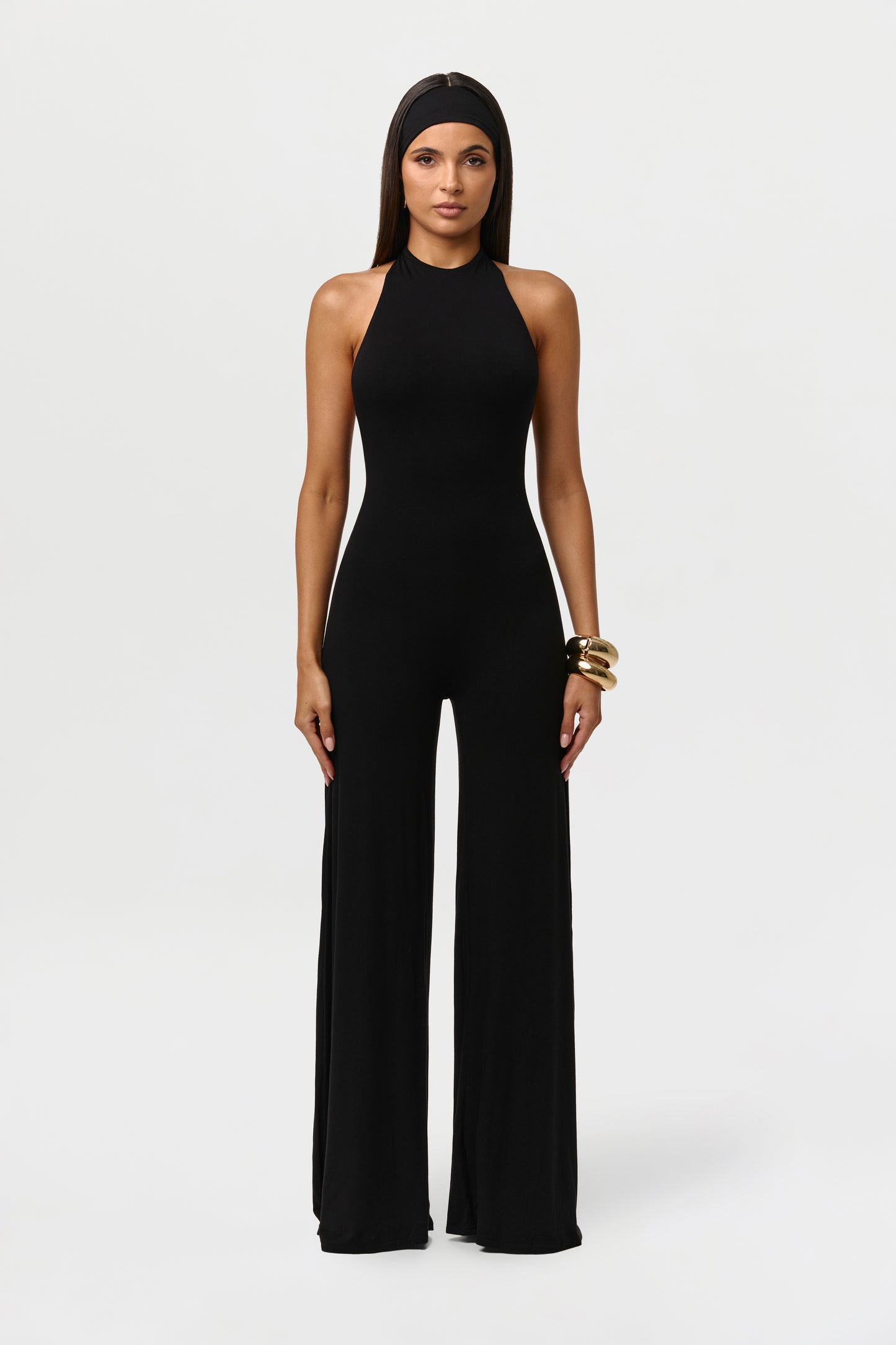 Black Smooth Halter Wide-Leg Jumpsuit