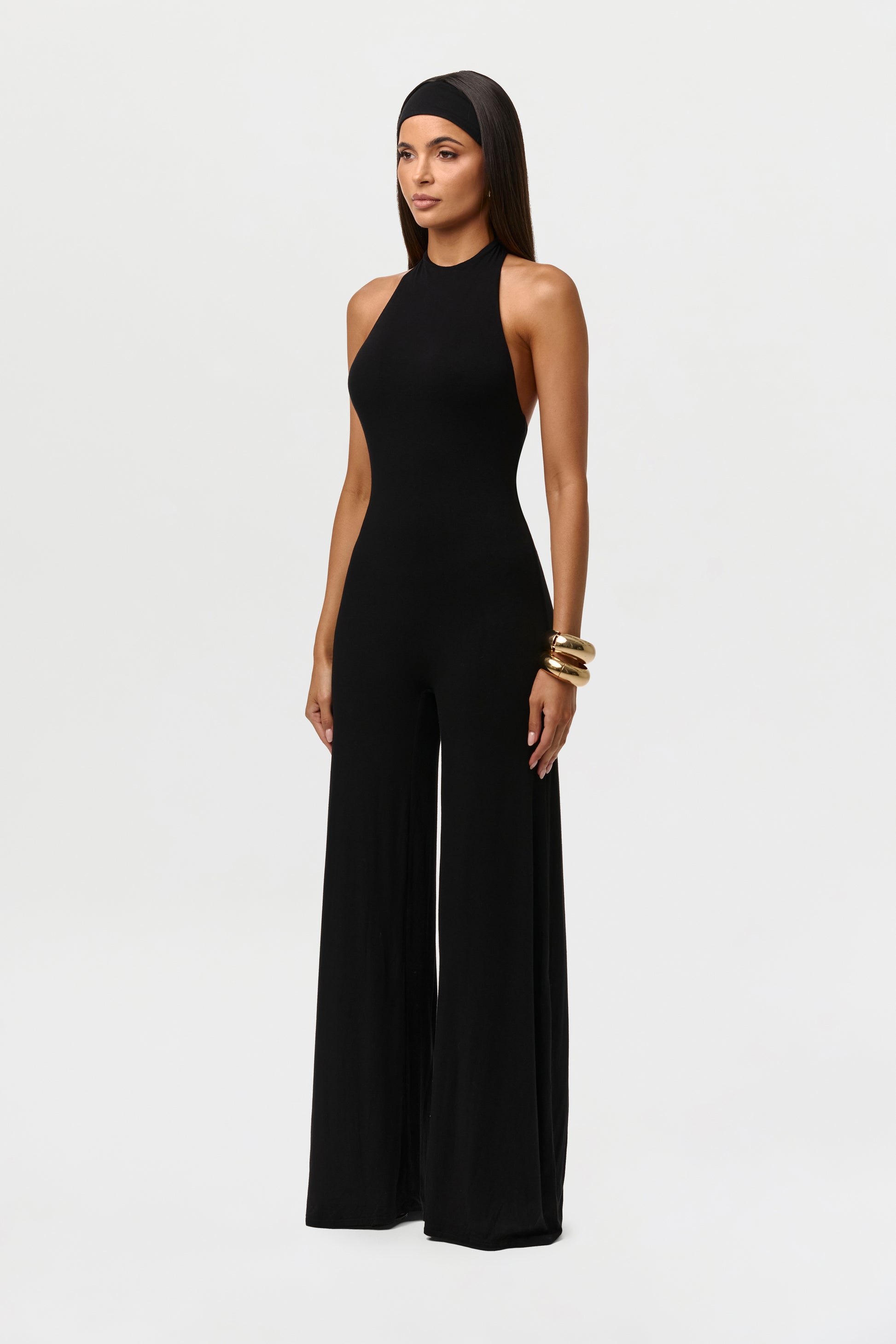 Black Smooth Halter Wide-Leg Jumpsuit Petite