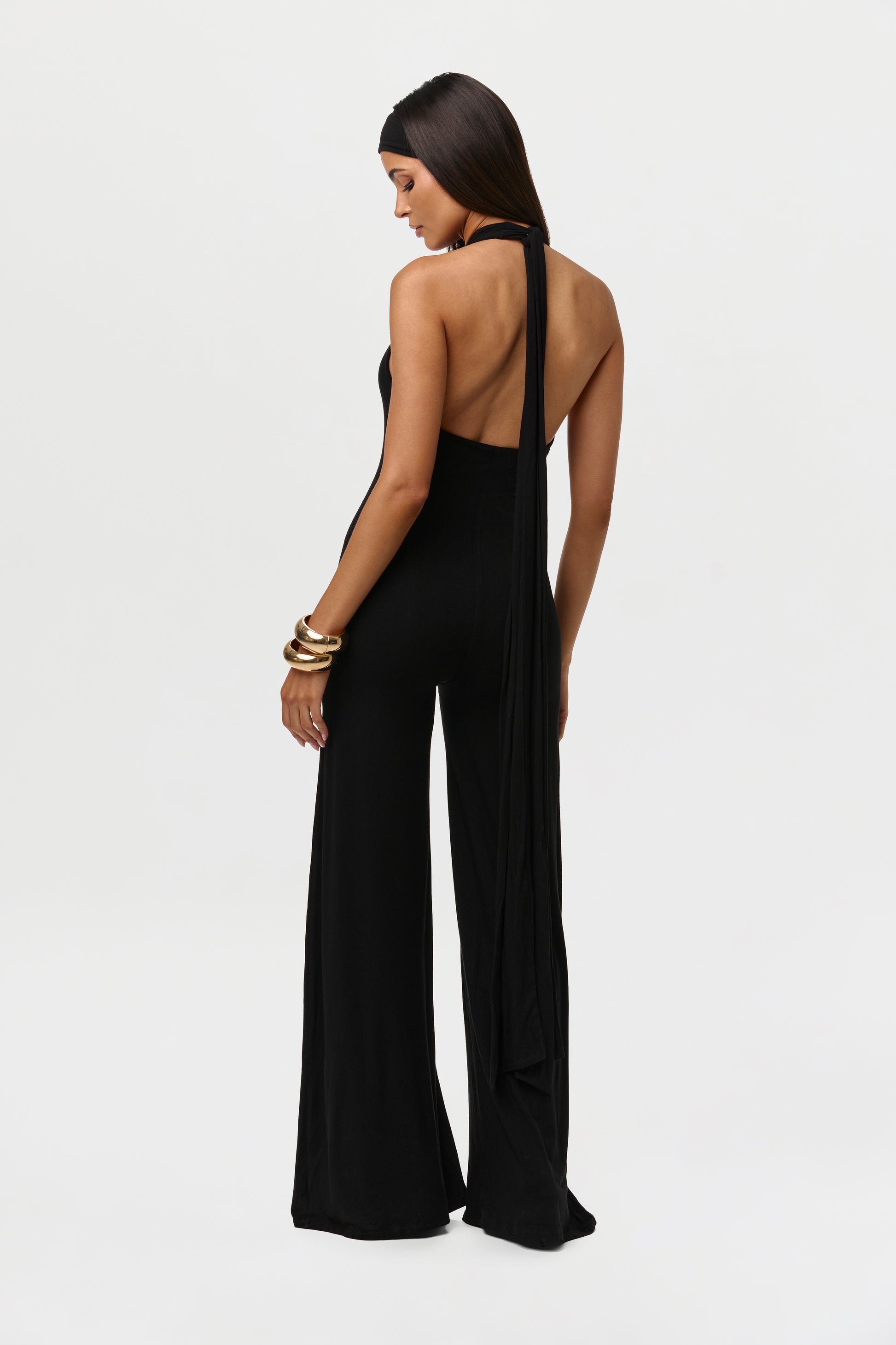 Black Smooth Halter Wide-Leg Jumpsuit Petite