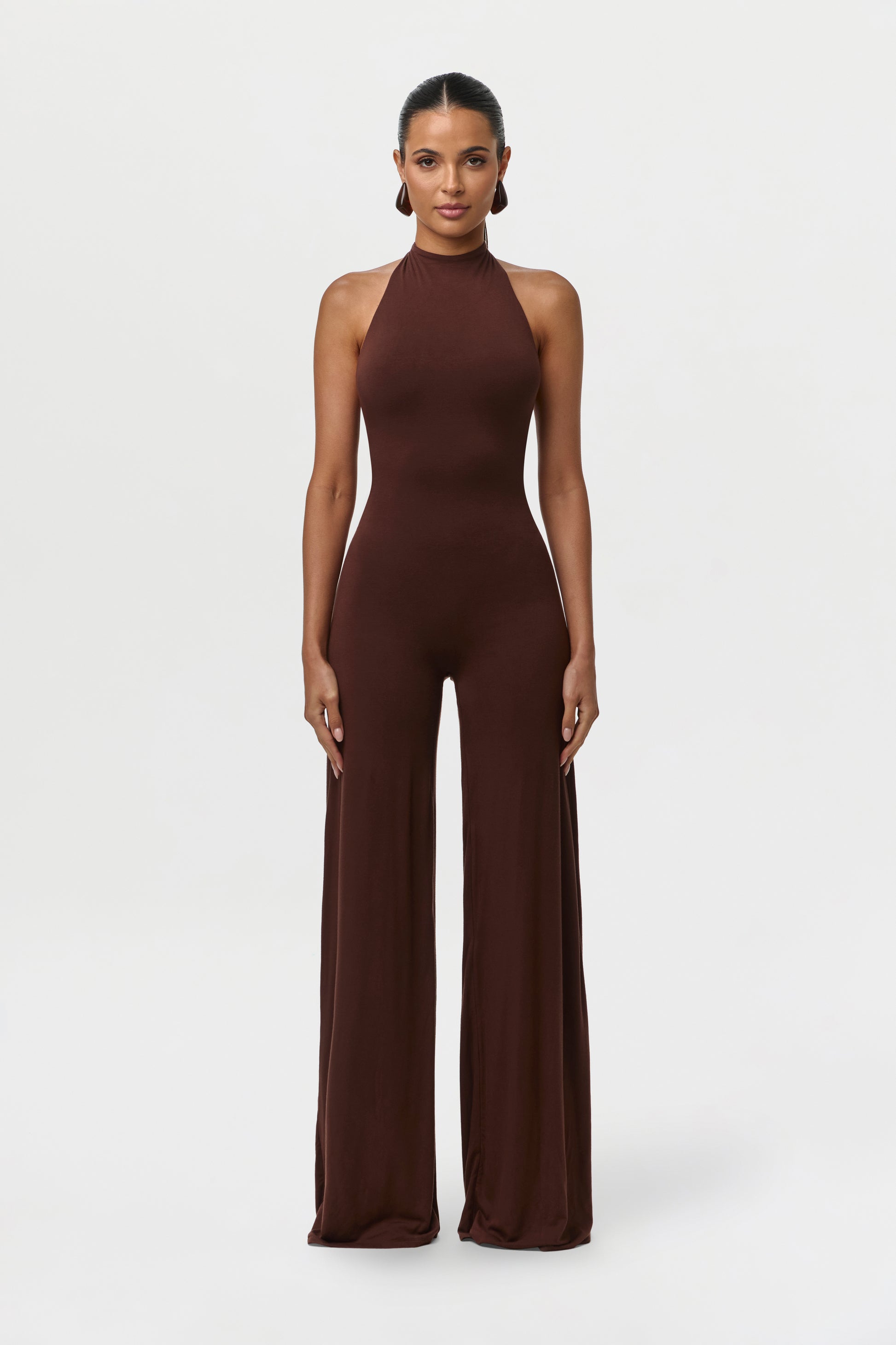 Chocolate Smooth Halter Wide-Leg Jumpsuit