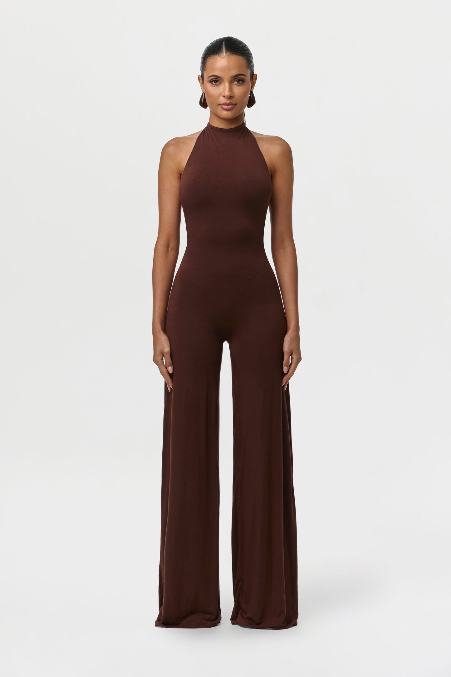 Chocolate Smooth Halter Wide-Leg Jumpsuit Petite