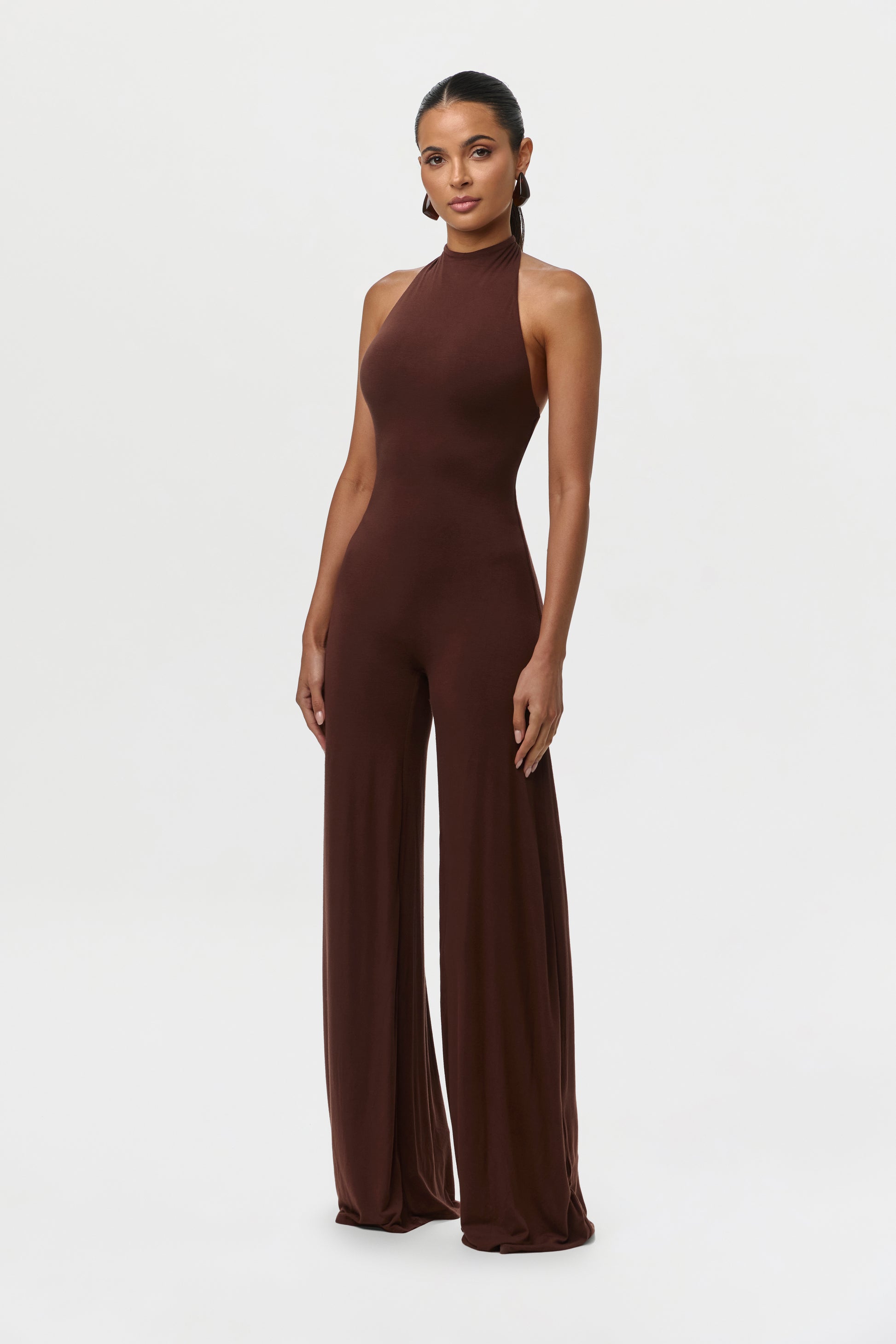 Chocolate Smooth Halter Wide-Leg Jumpsuit Petite