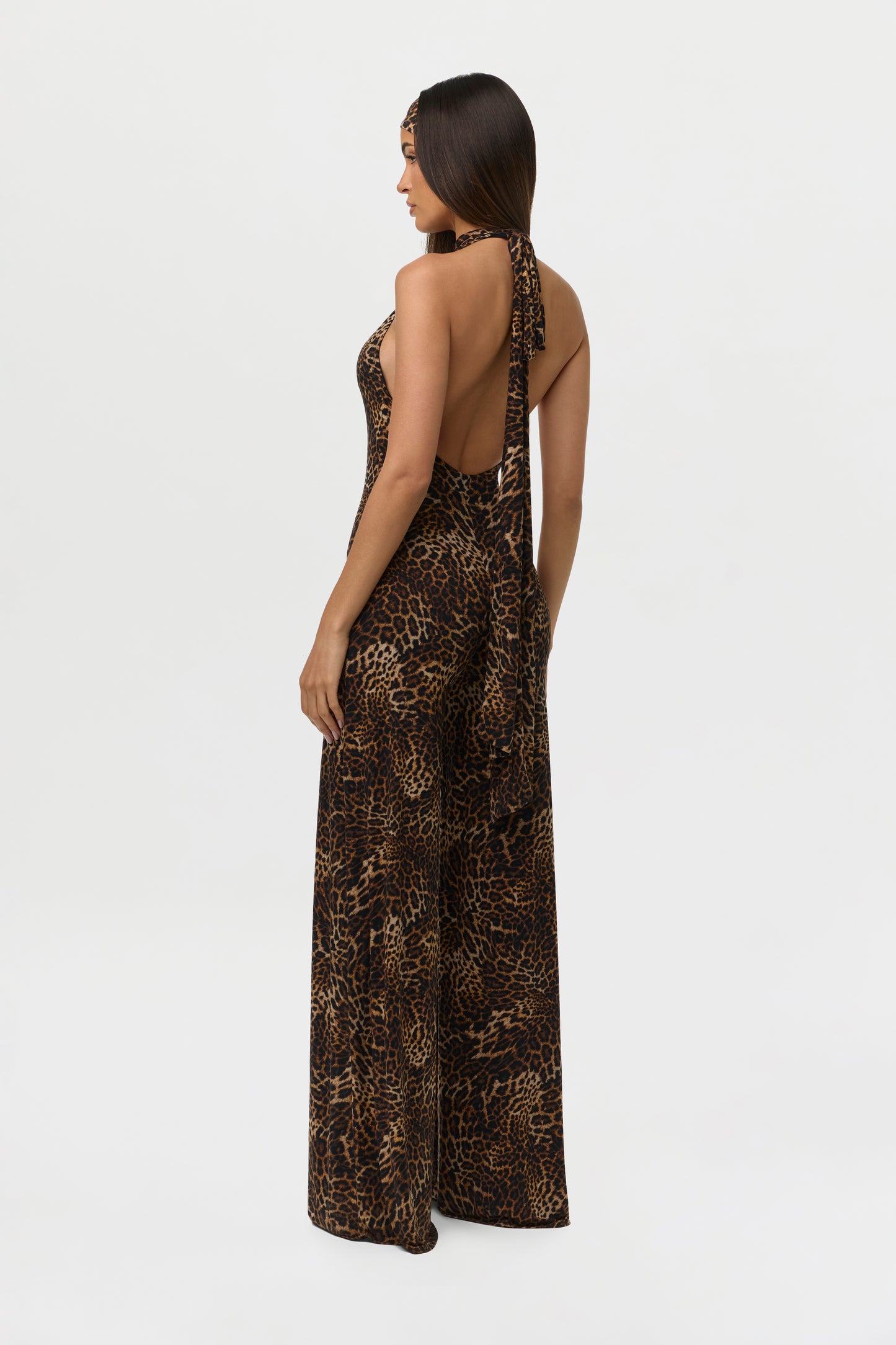 Spotted Leopard Naked Print Halter Wide Leg Jumpsuit