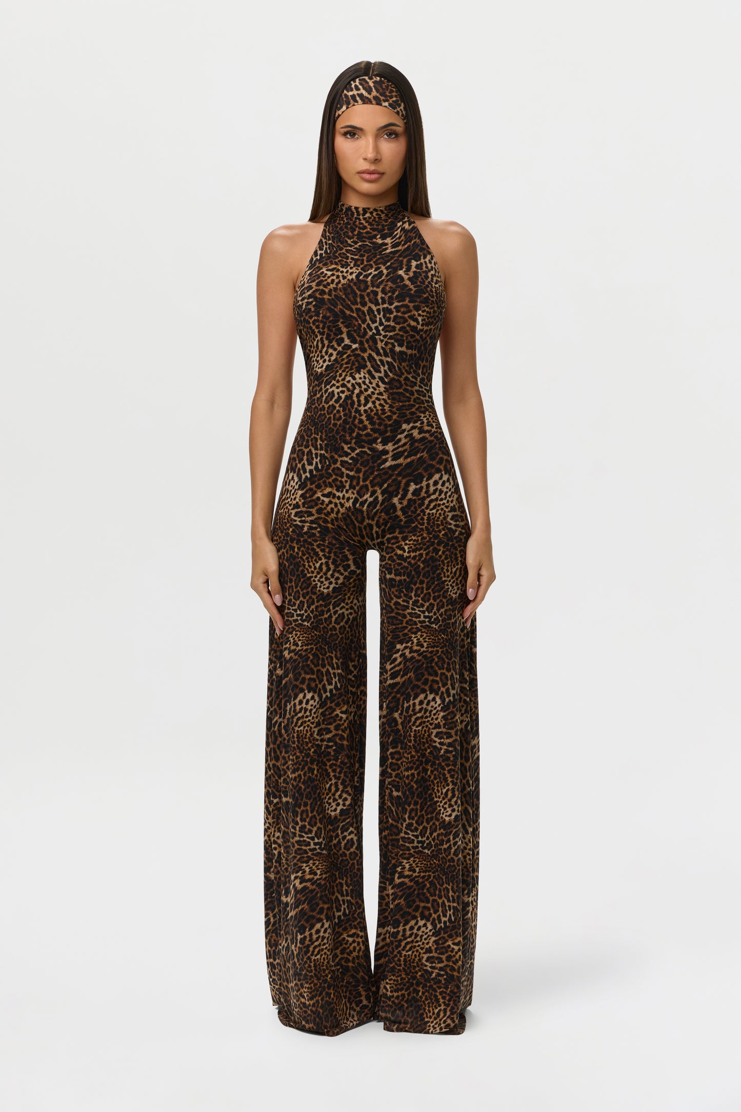 Spotted Leopard Naked Print Halter Wide Leg Jumpsuit