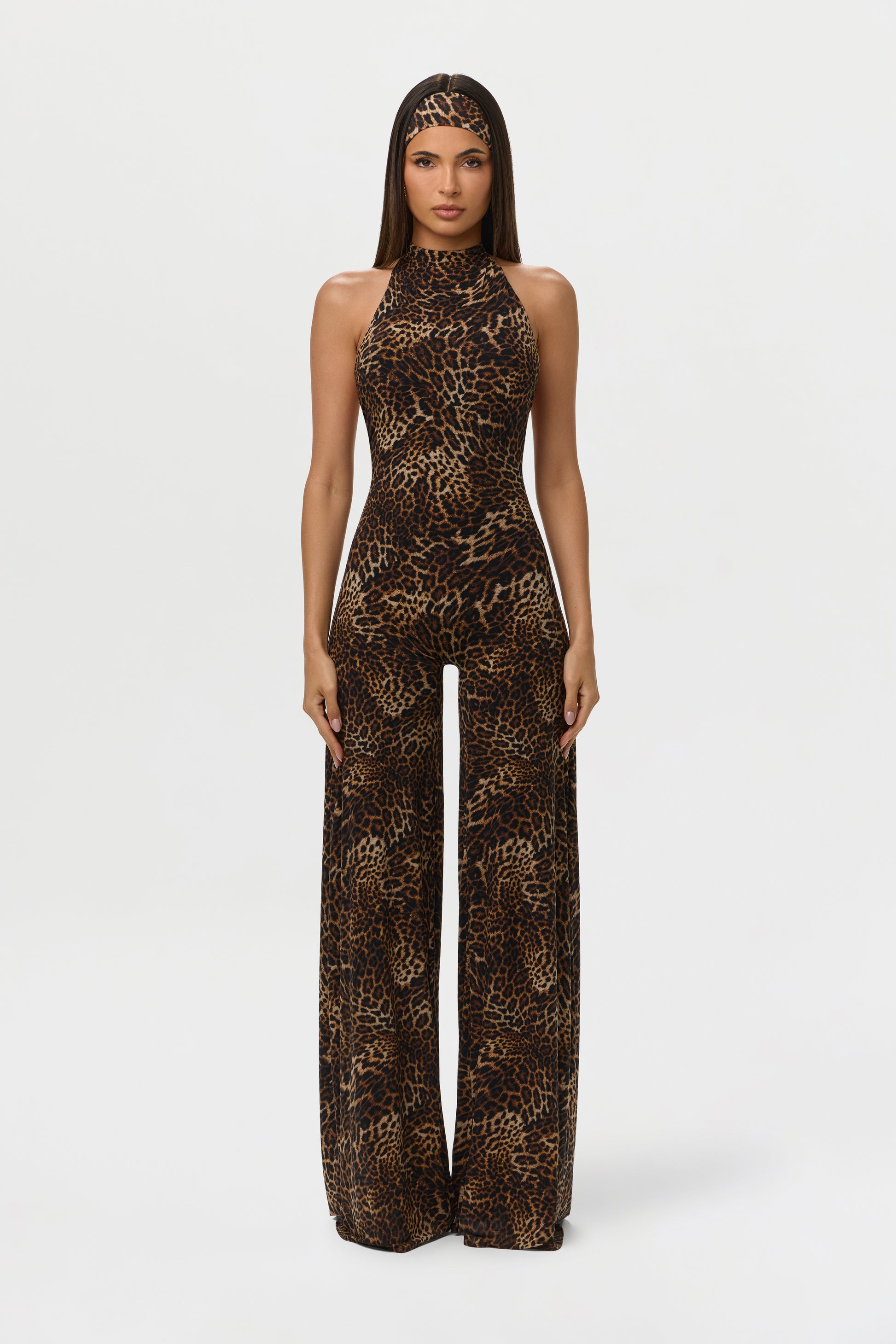 Spotted Leopard Naked Print Halter Wide Leg Jumpsuit