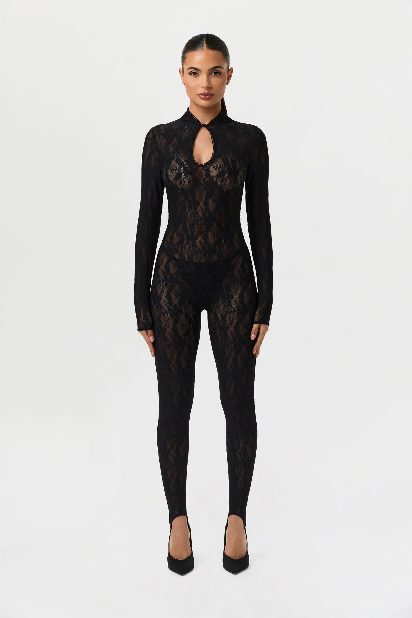 Stretch Lace Keyhole Stirrup Jumpsuit